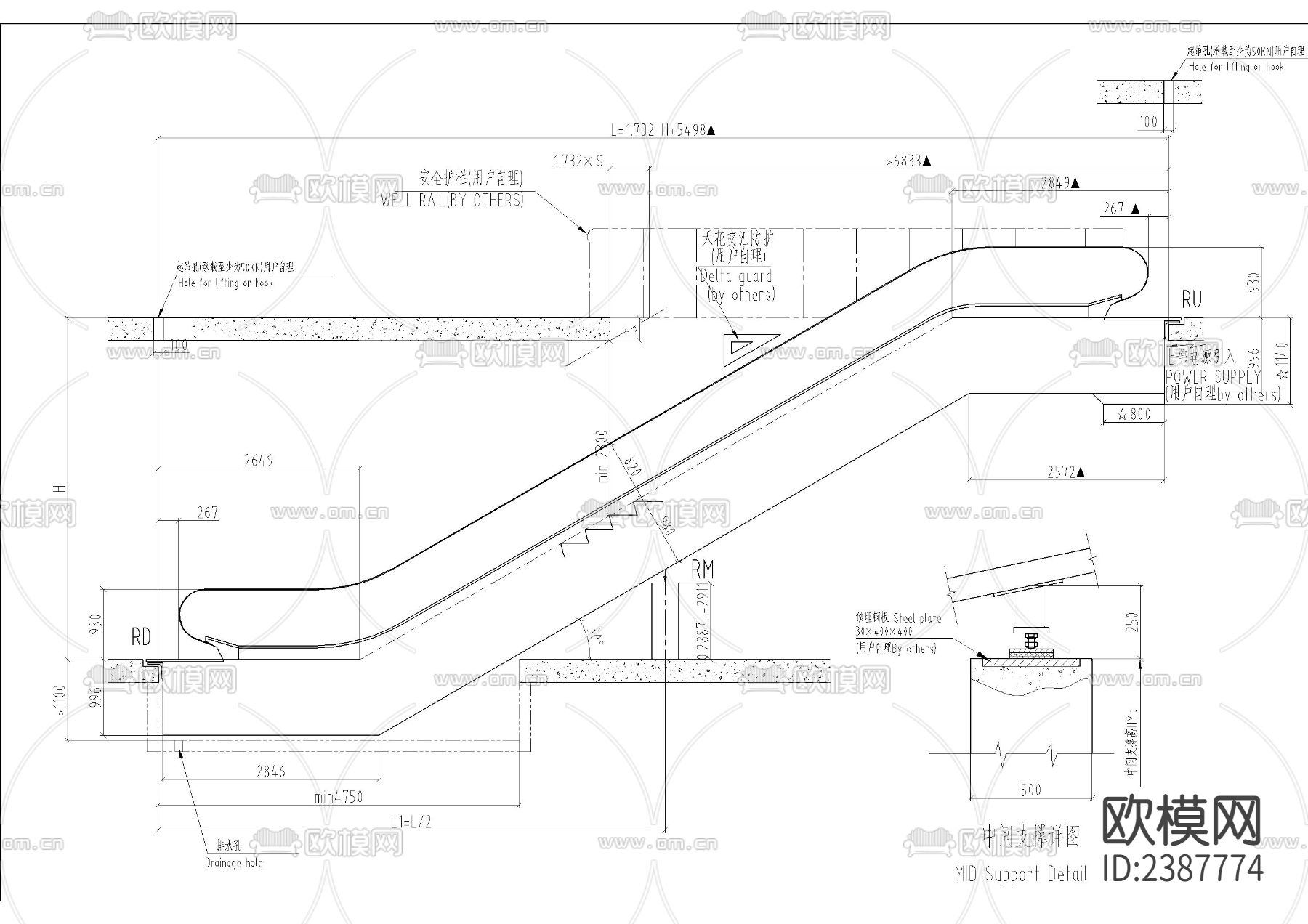 奥斯自动扶梯CAD节点大样下载（渲染图1）