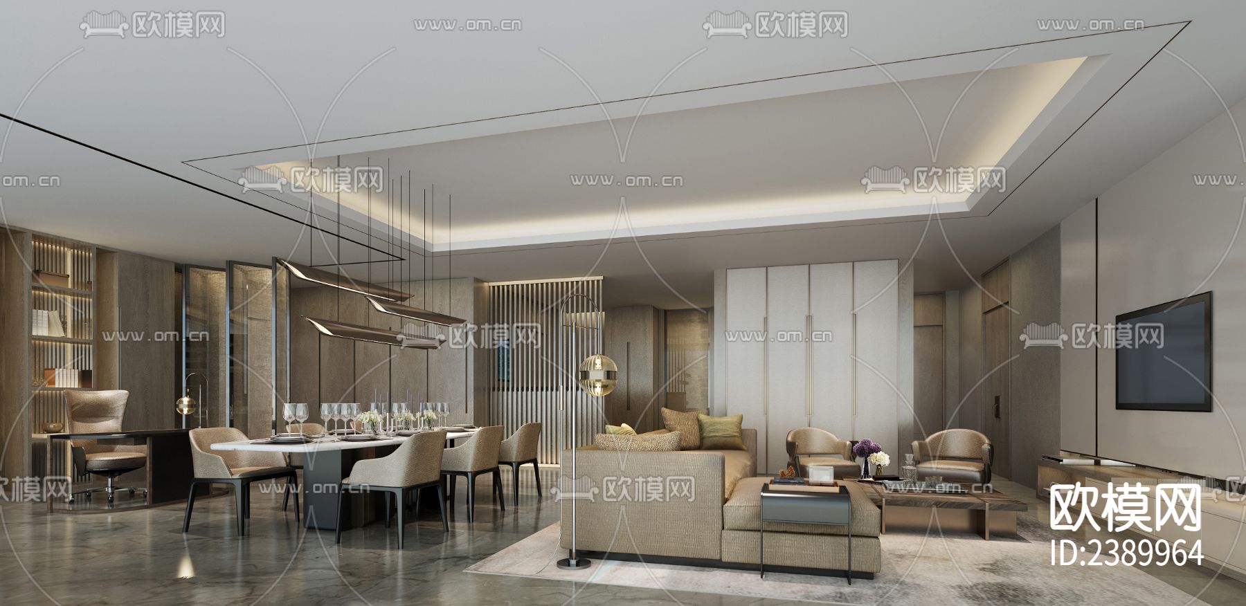 轻奢大平层样板间CAD施工图下载（渲染图1）