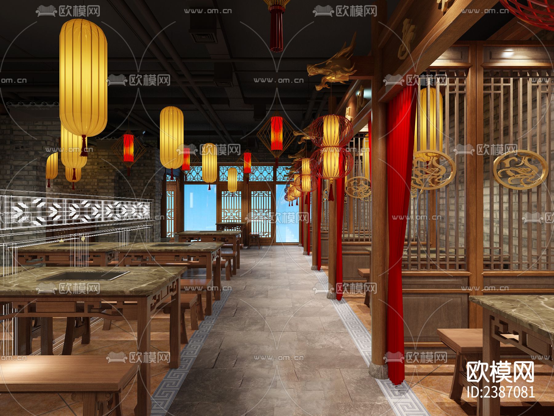 中式小龙坎火锅店CAD施工图下载（渲染图3）