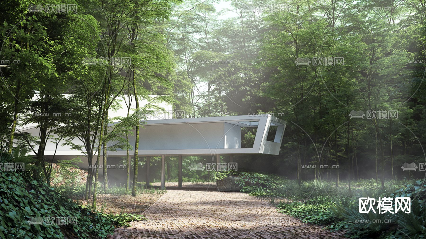现代森林独栋别墅外观3d模型下载（渲染图1）
