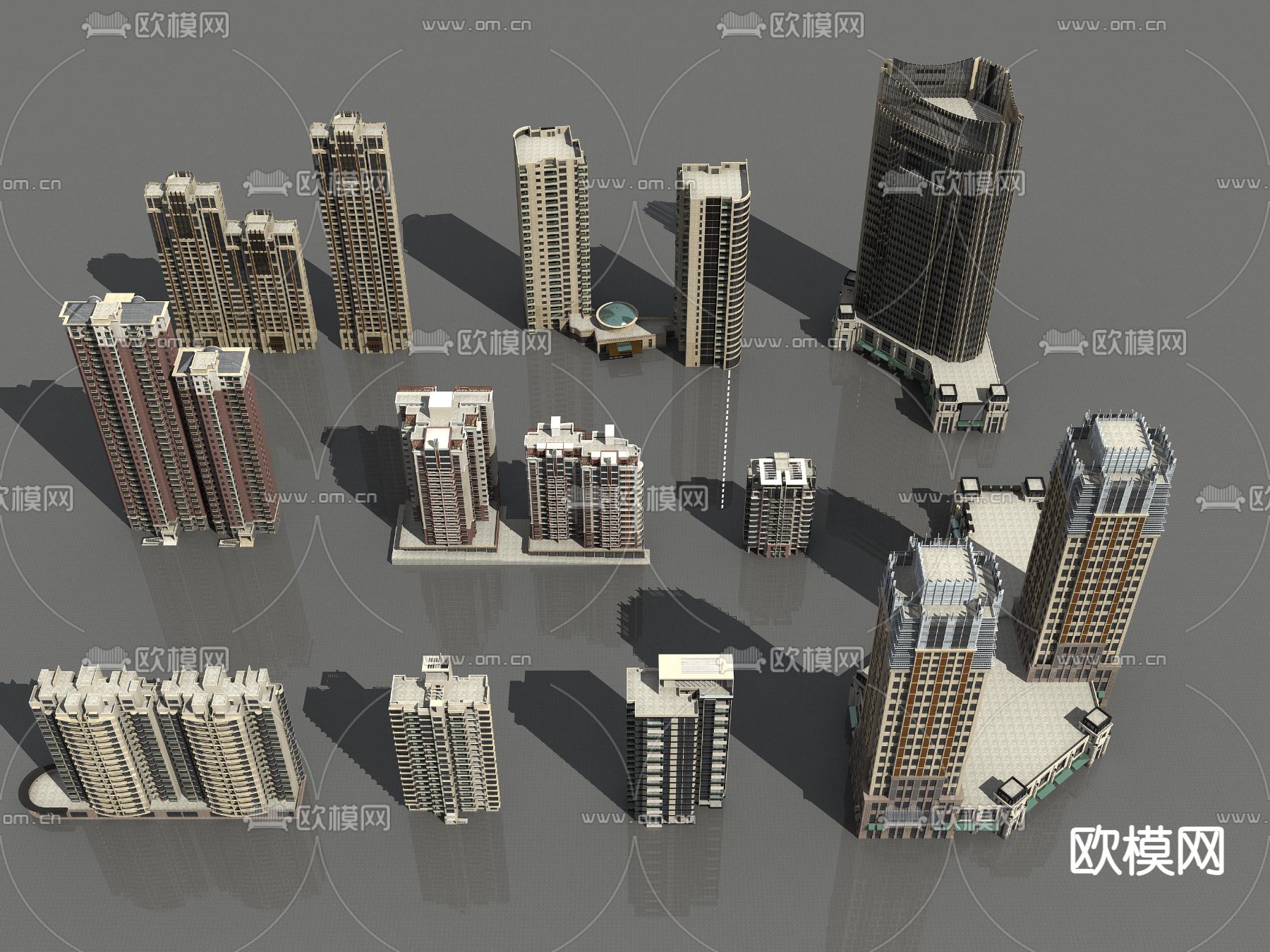 简欧高层住宅楼外观3d模型下载（渲染图1）