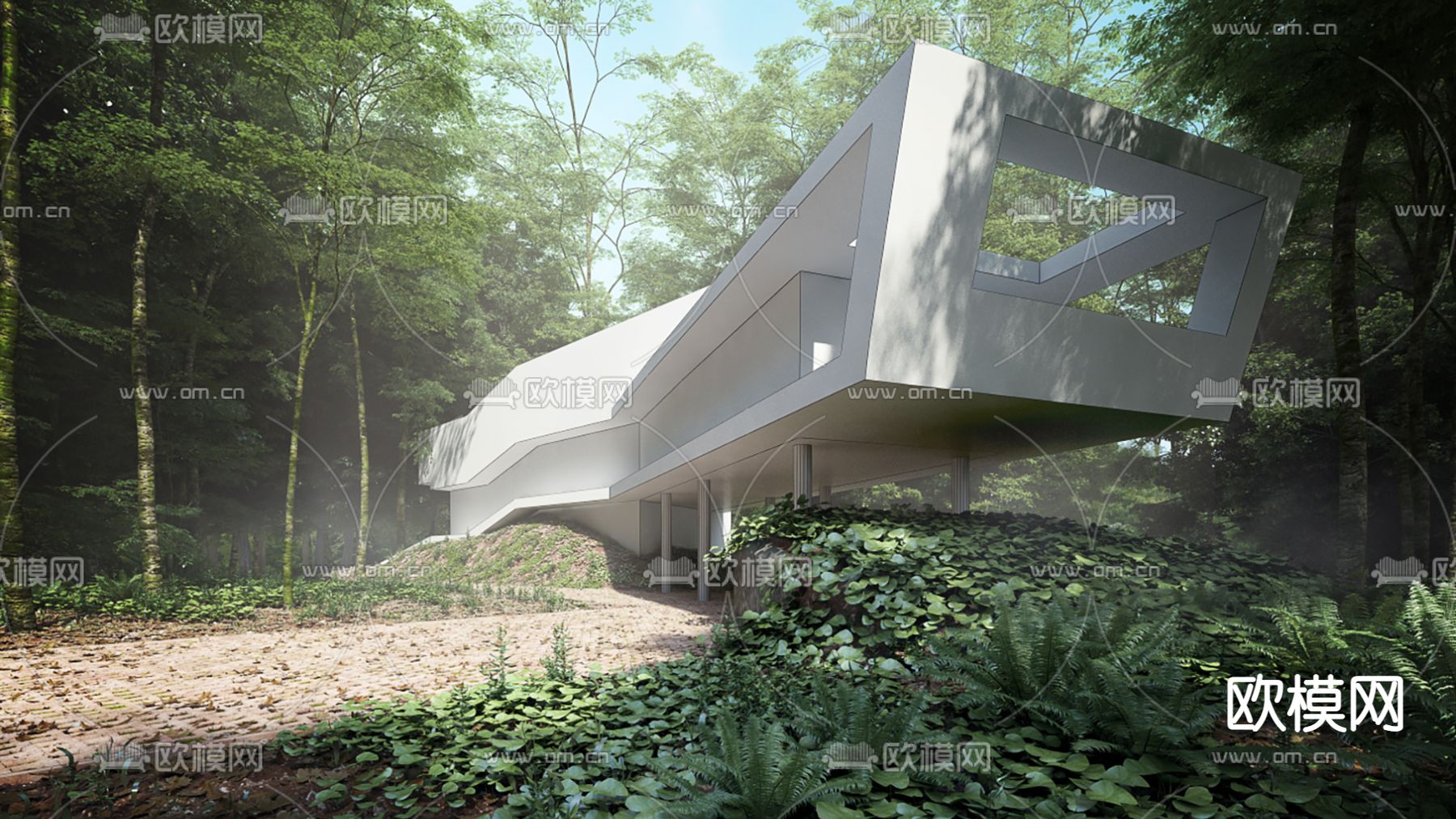 现代森林独栋别墅外观3d模型下载（渲染图2）