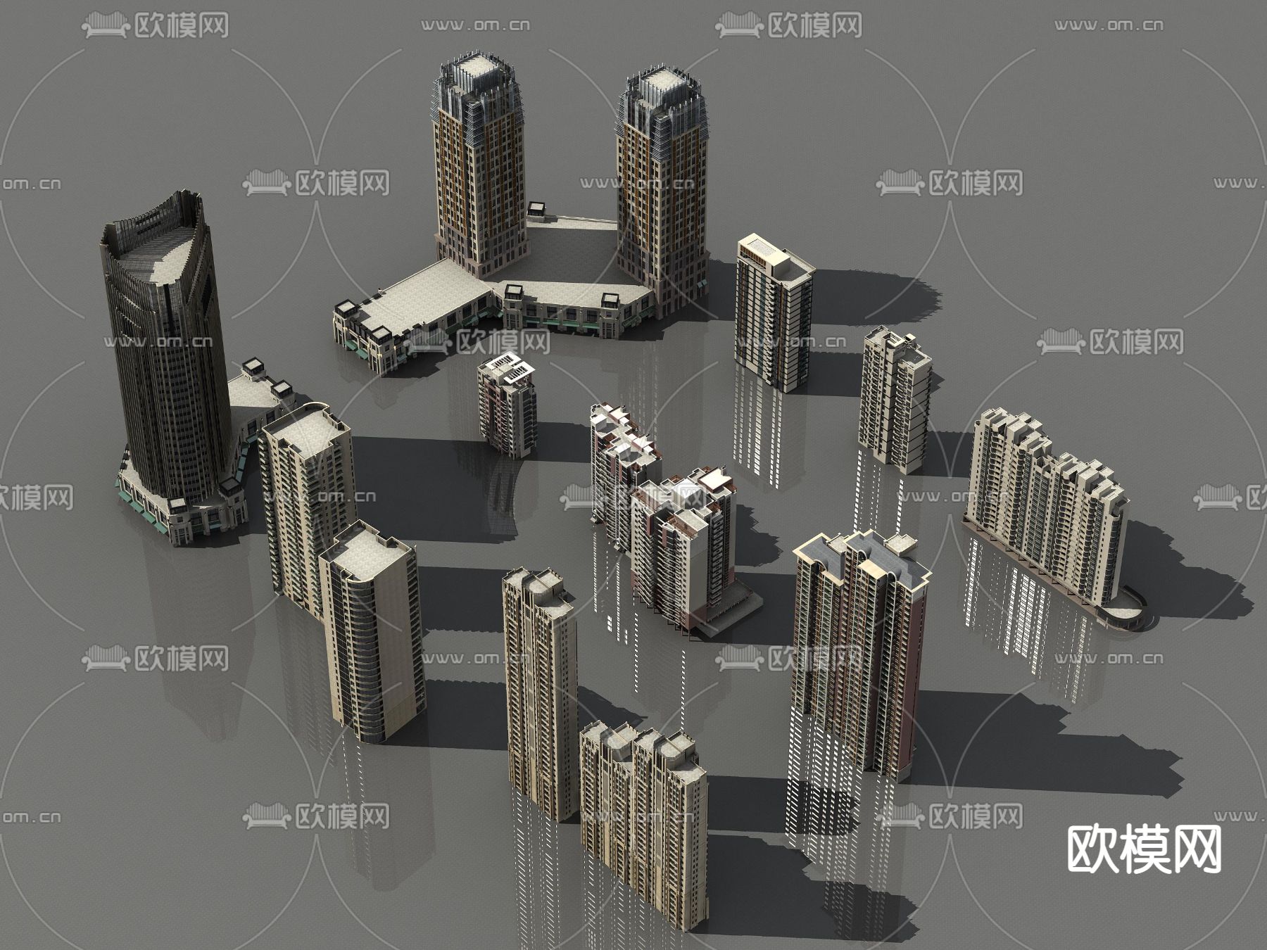 简欧高层住宅楼外观3d模型下载（渲染图2）