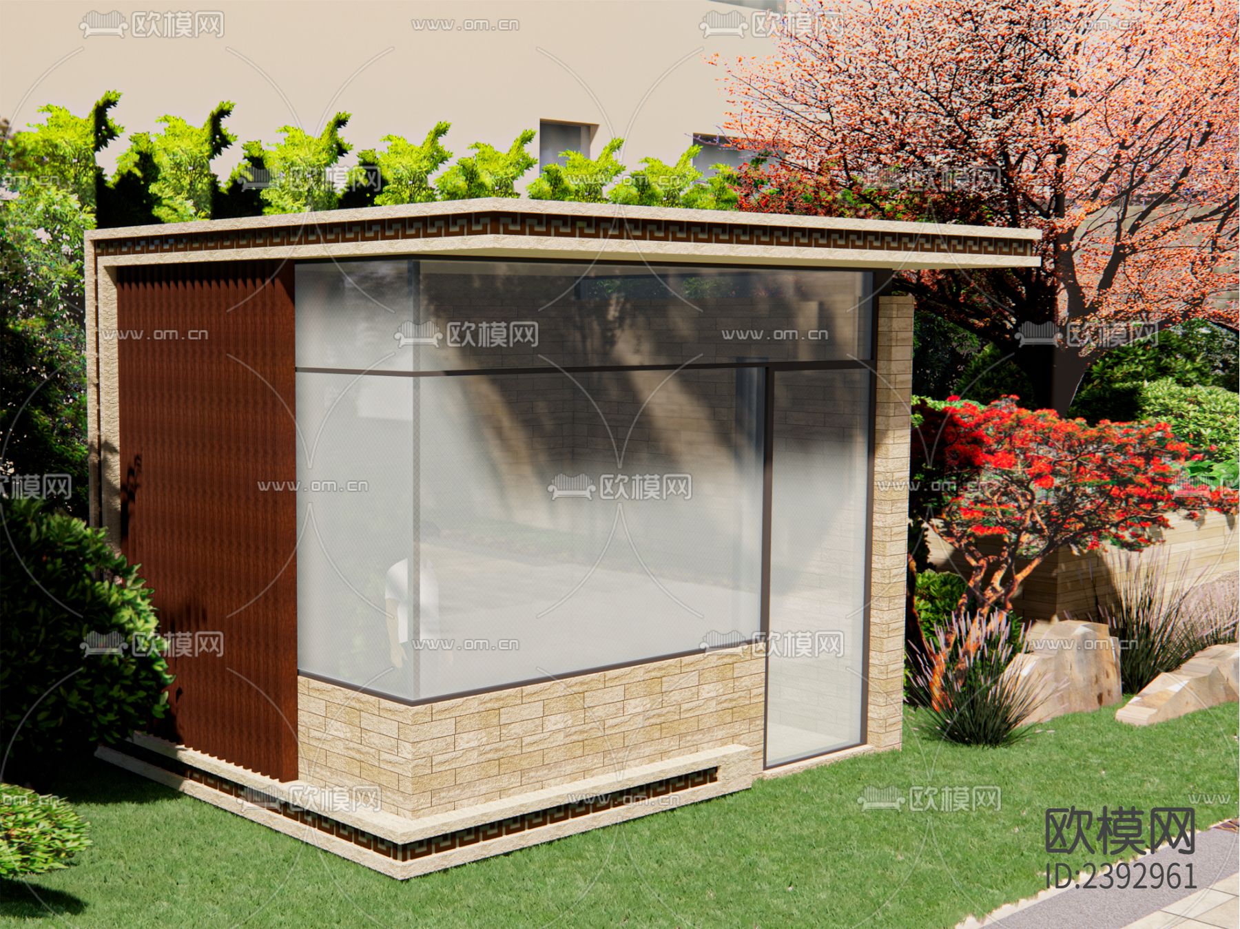 现代 玻璃幕墙 岗亭CAD施工图下载（渲染图7）