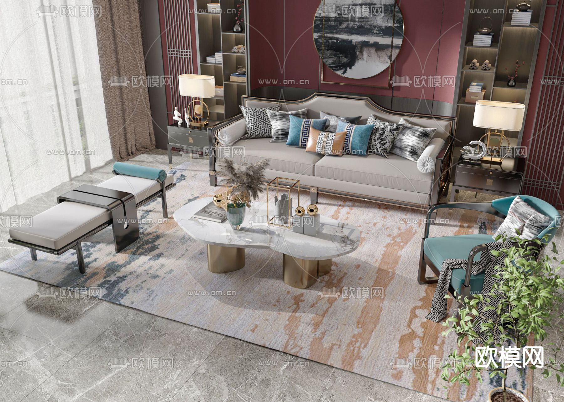 新中式组合沙发3d模型下载