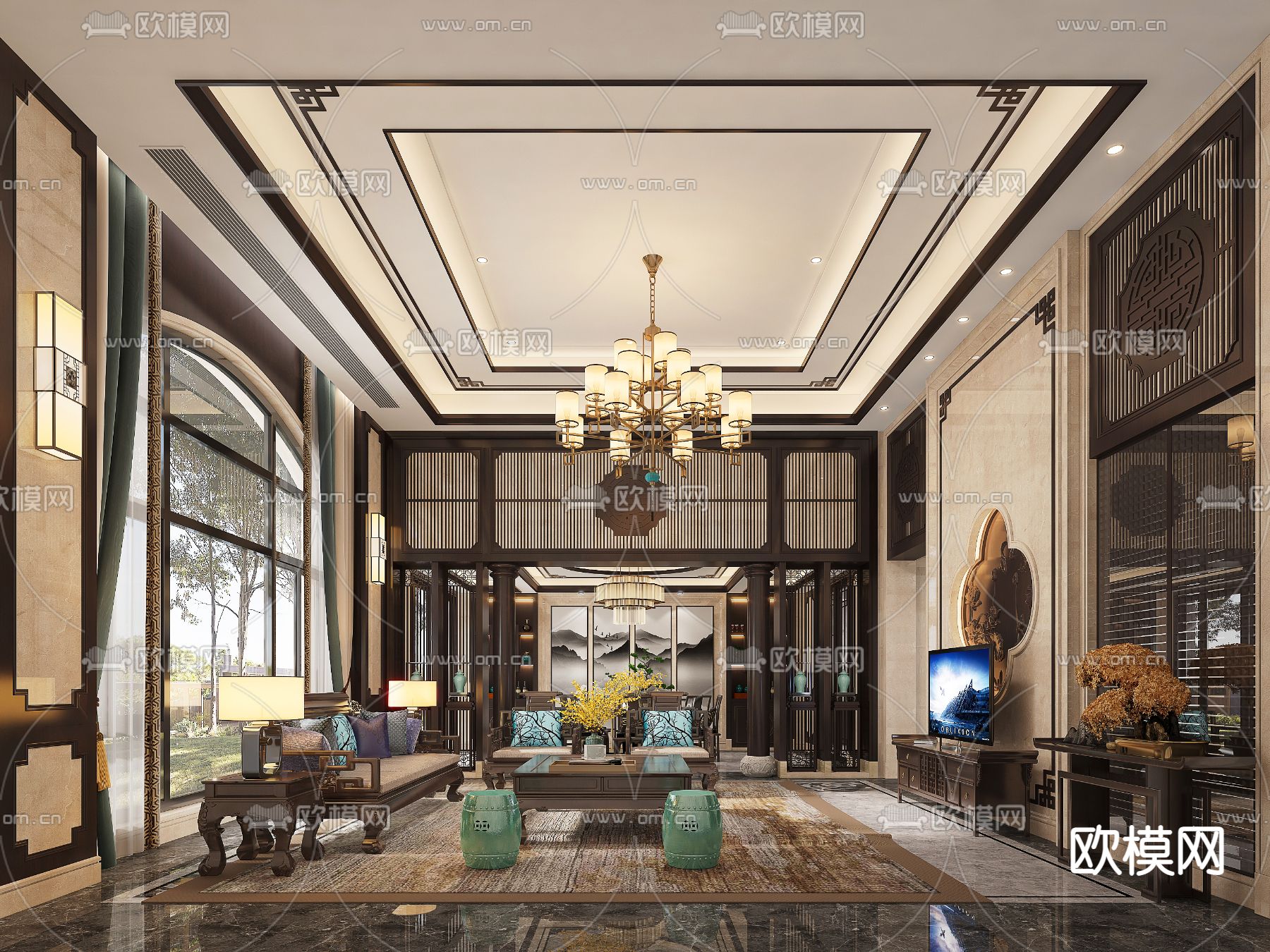 新中式别墅客厅3d模型下载