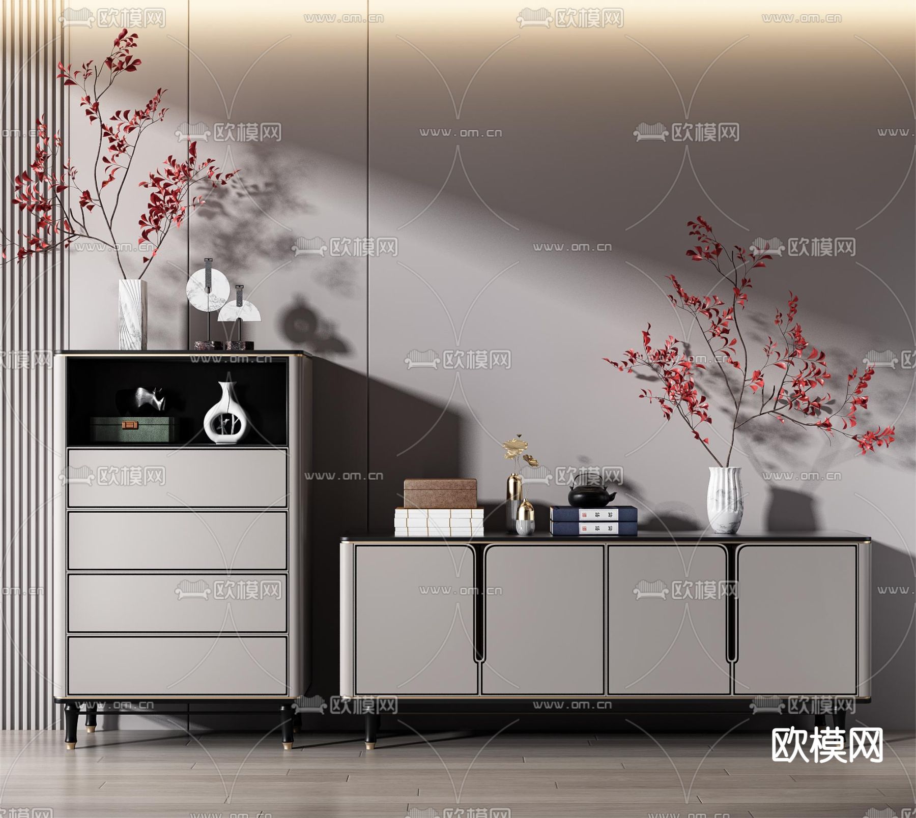 新中式电视柜 边柜斗柜3d模型下载（渲染图1）