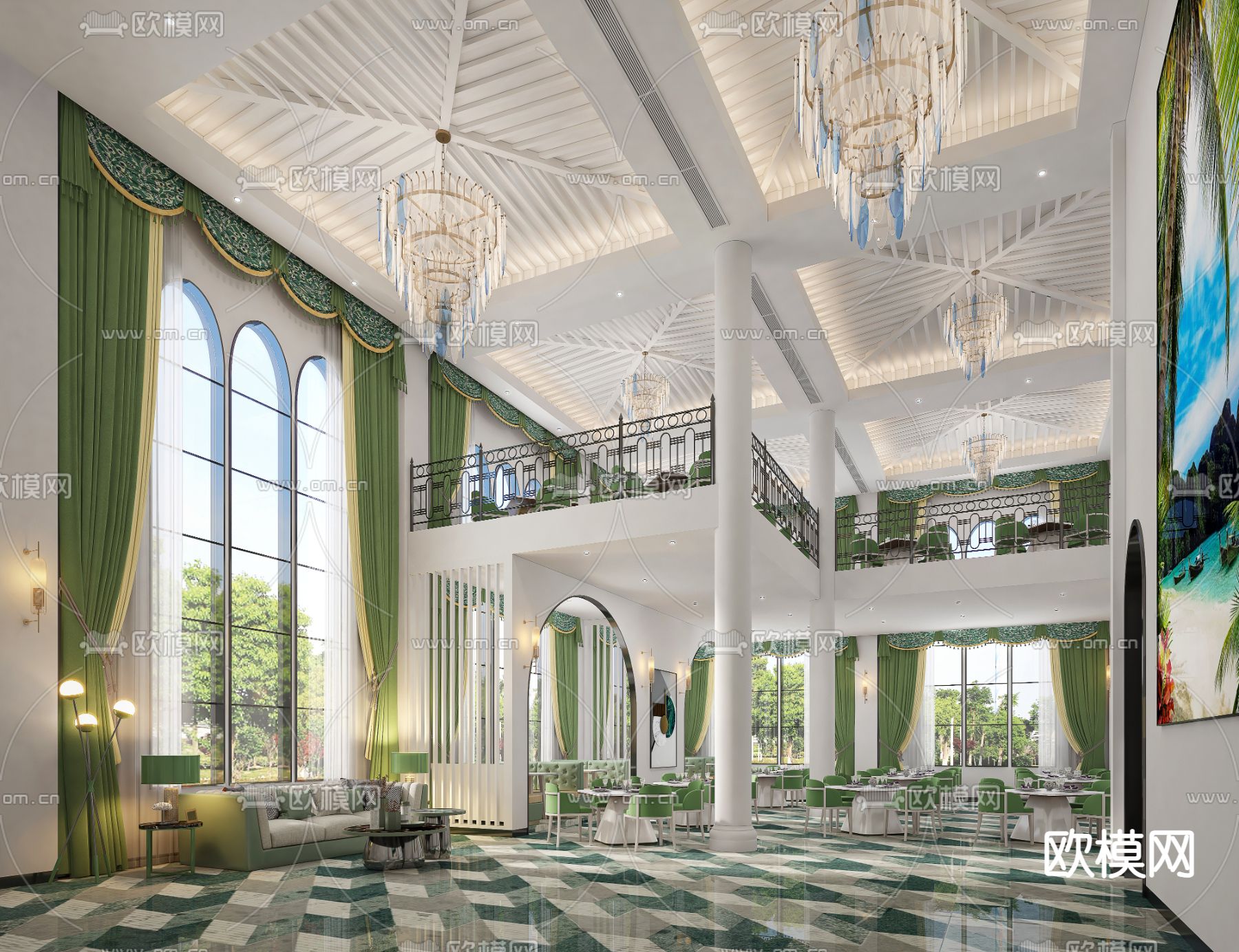 现代酒店餐厅3d模型下载