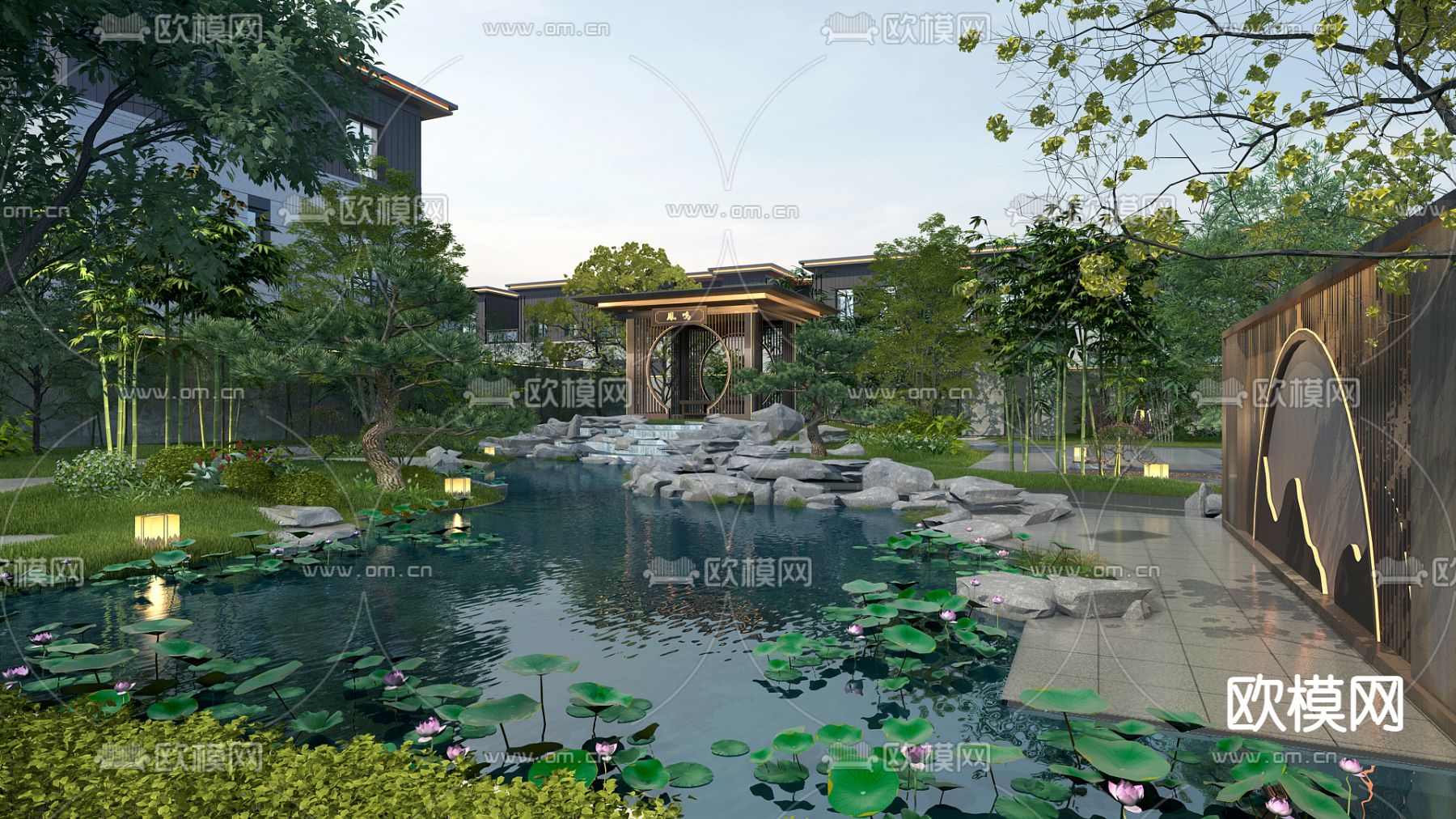 新中式 荷花池 园林景观3d模型下载