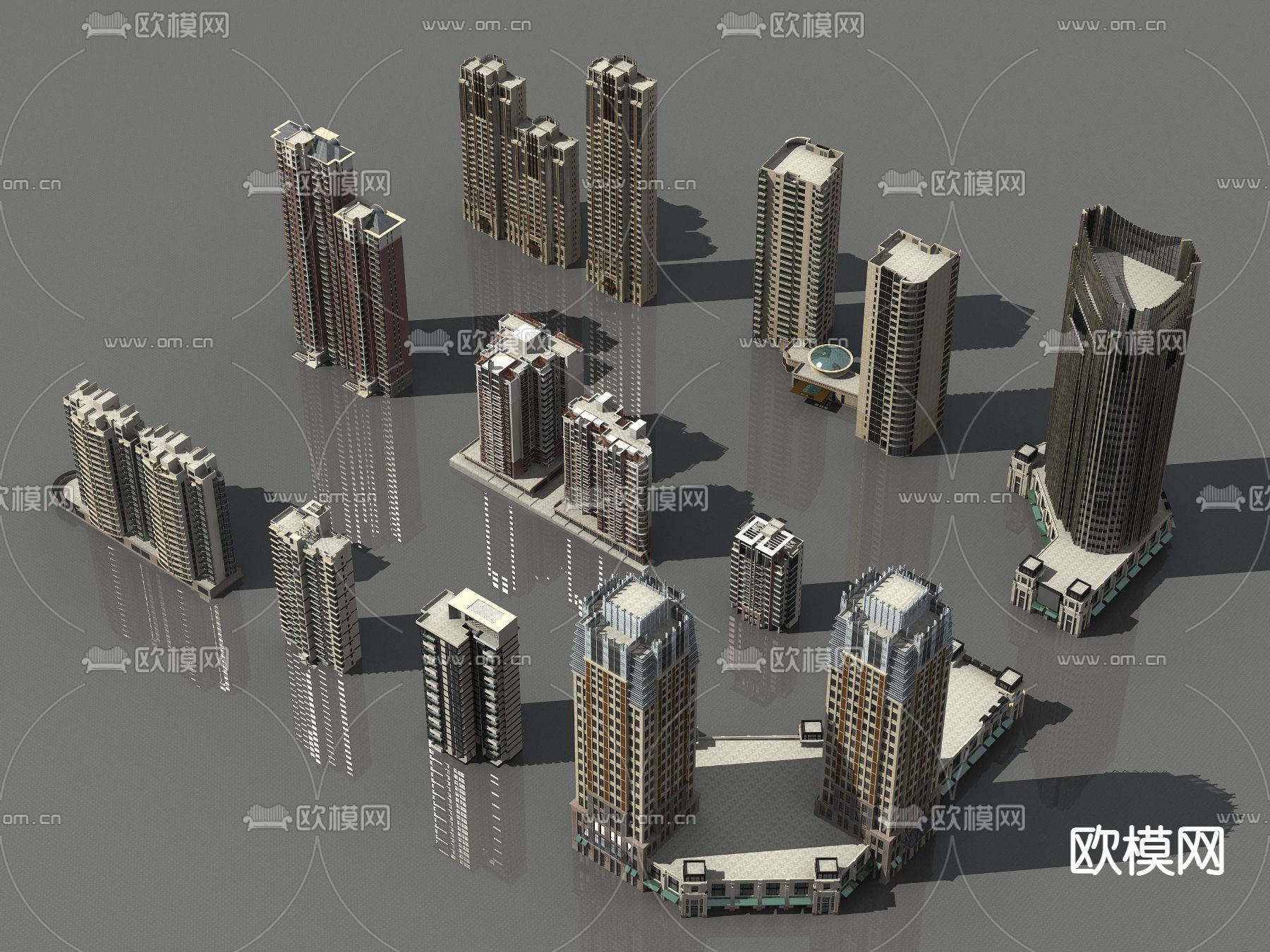 简欧高层住宅楼外观3d模型下载（渲染图3）