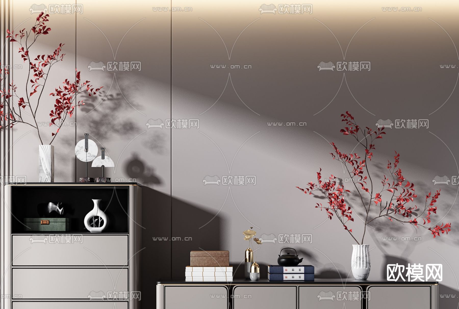 新中式电视柜 边柜斗柜3d模型下载（渲染图2）