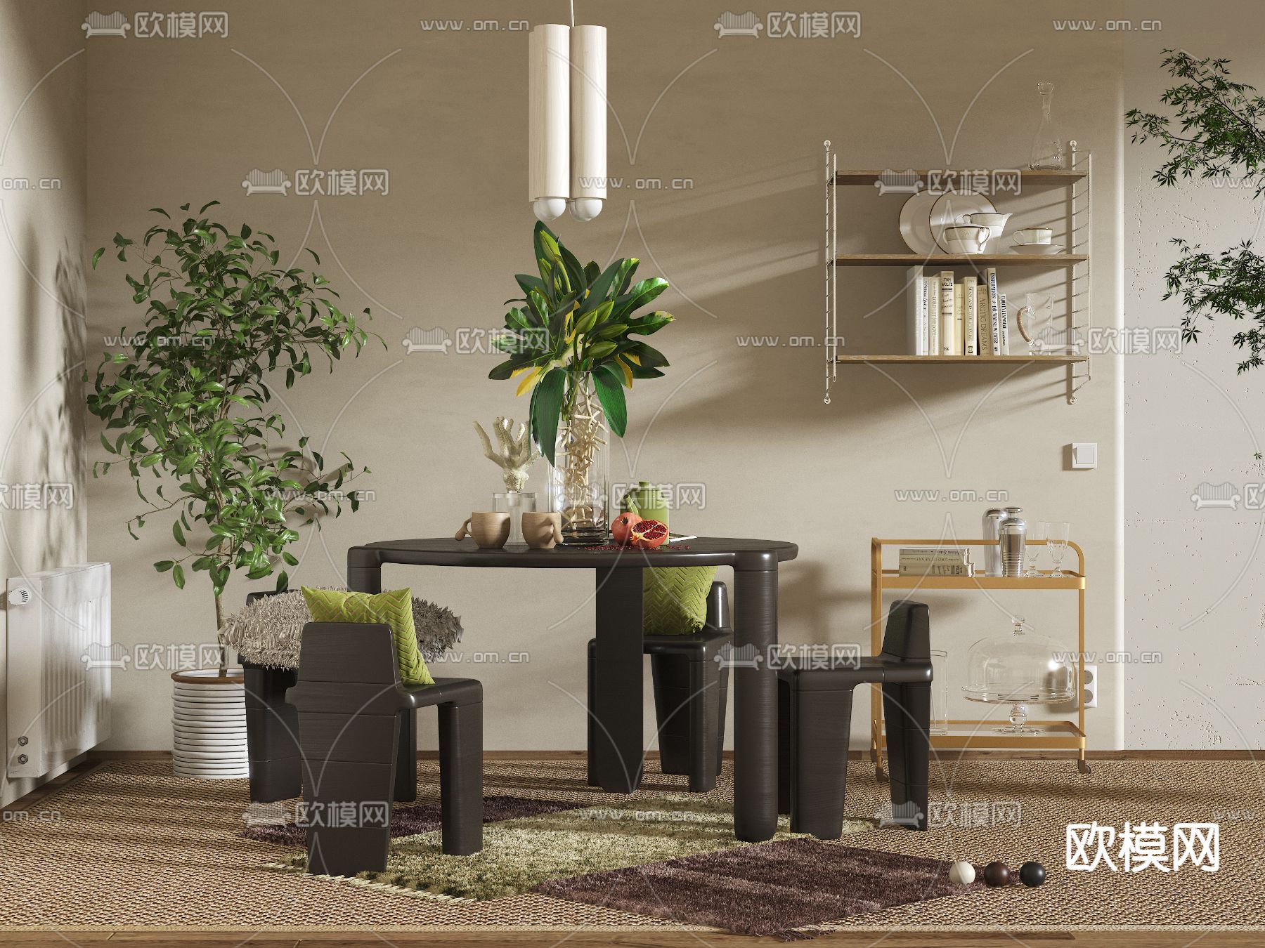 侘寂风圆形餐桌椅3d模型下载（渲染图1）