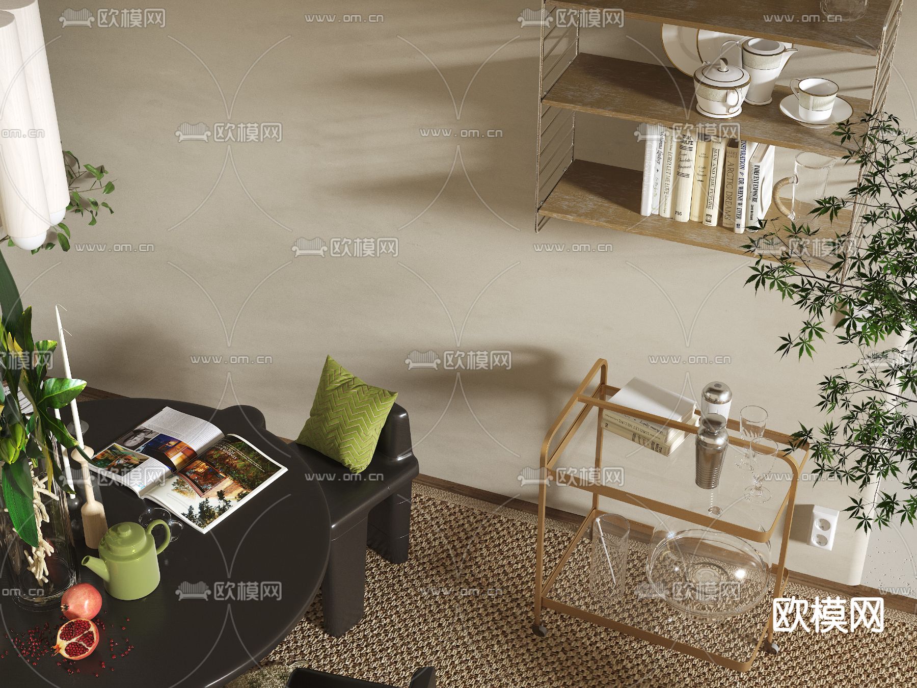 侘寂风圆形餐桌椅3d模型下载（渲染图2）