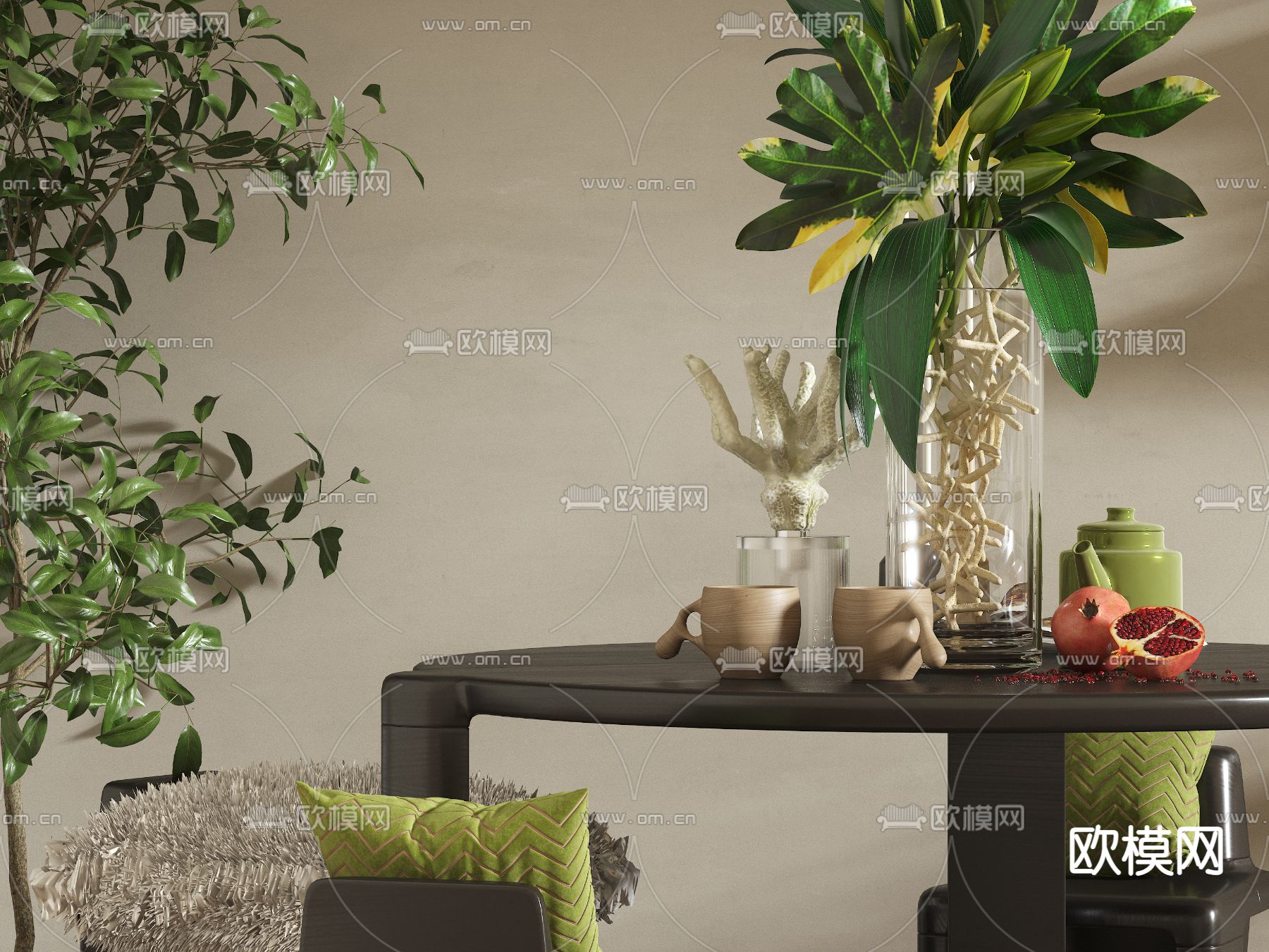 侘寂风圆形餐桌椅3d模型下载（渲染图3）