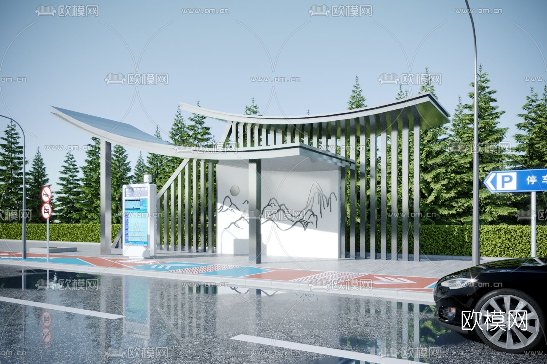 新中式公交站台候车亭3d模型下载