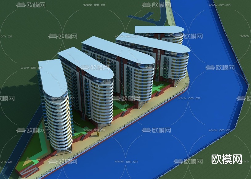 现代住宅楼建筑外观免费3d模型下载(渲染图2)