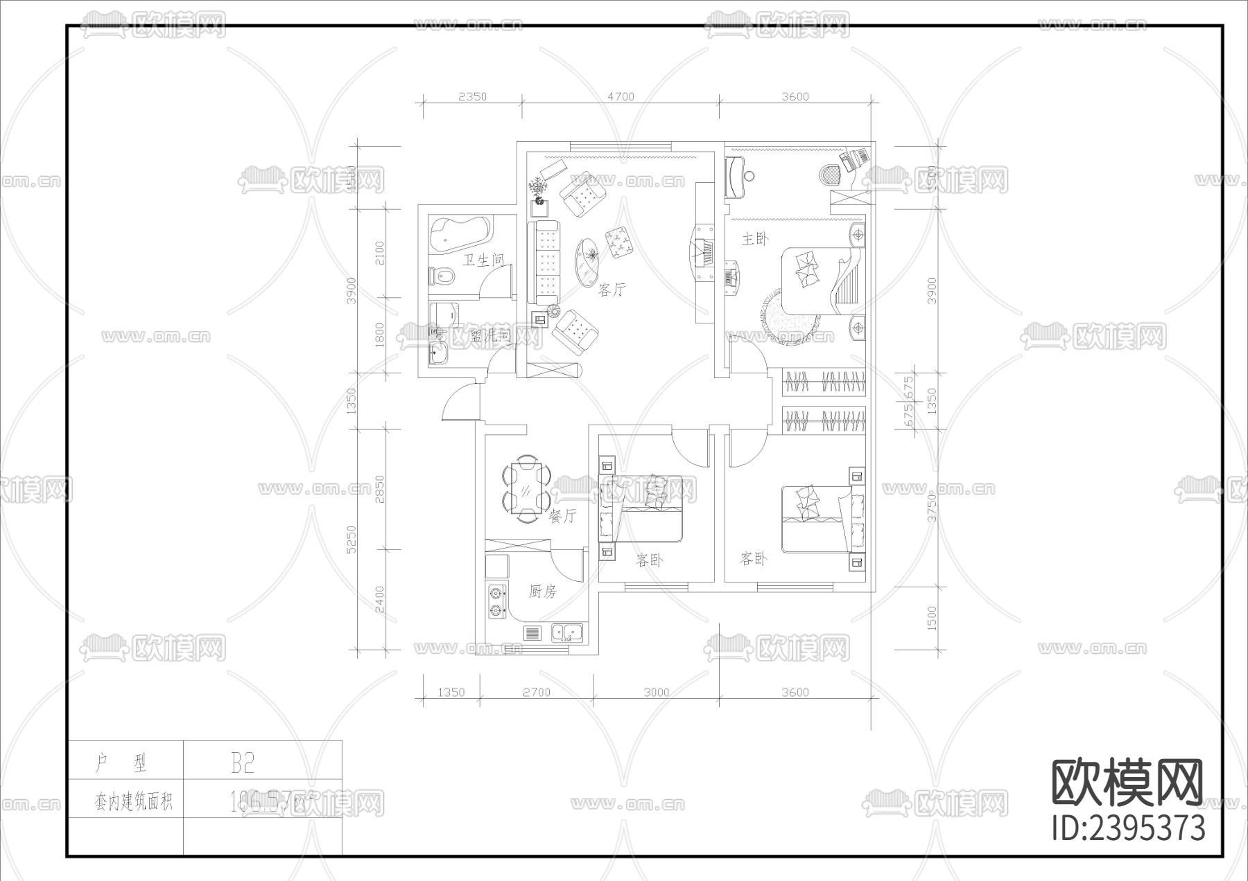 经典户型建筑设计cad施工图下载（渲染图3）