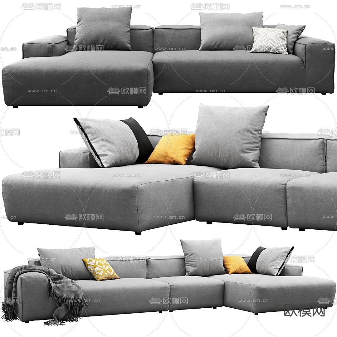 灰色多人沙发 软体沙发3d模型下载