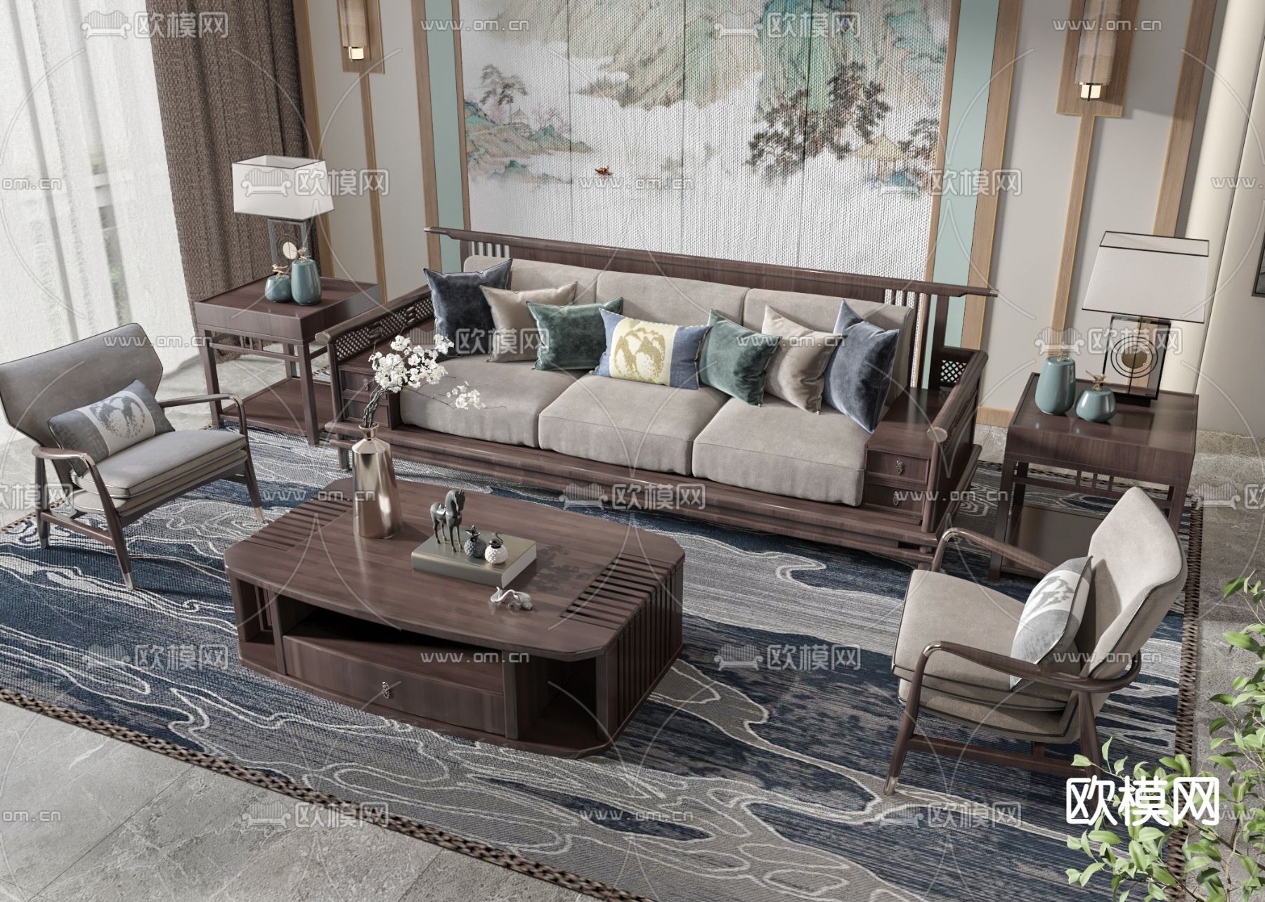 新中式组合沙发3d模型下载