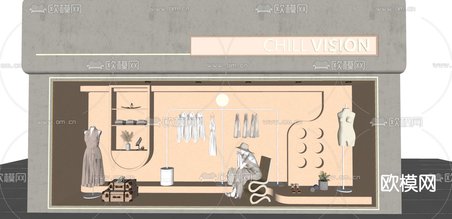 侘寂风女装店橱窗su模型下载（渲染图3）