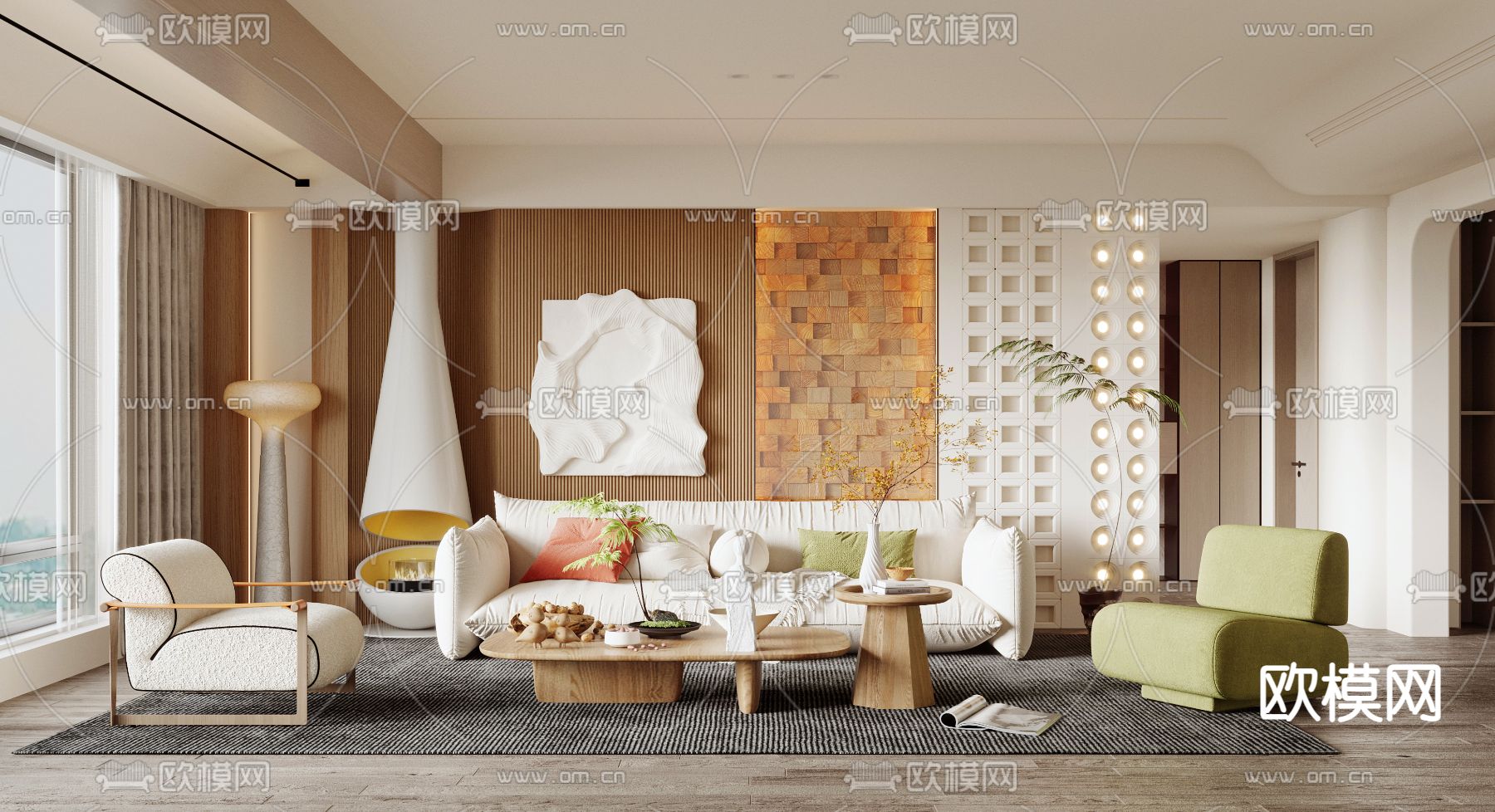 奶油风客厅3d模型下载（渲染图1）