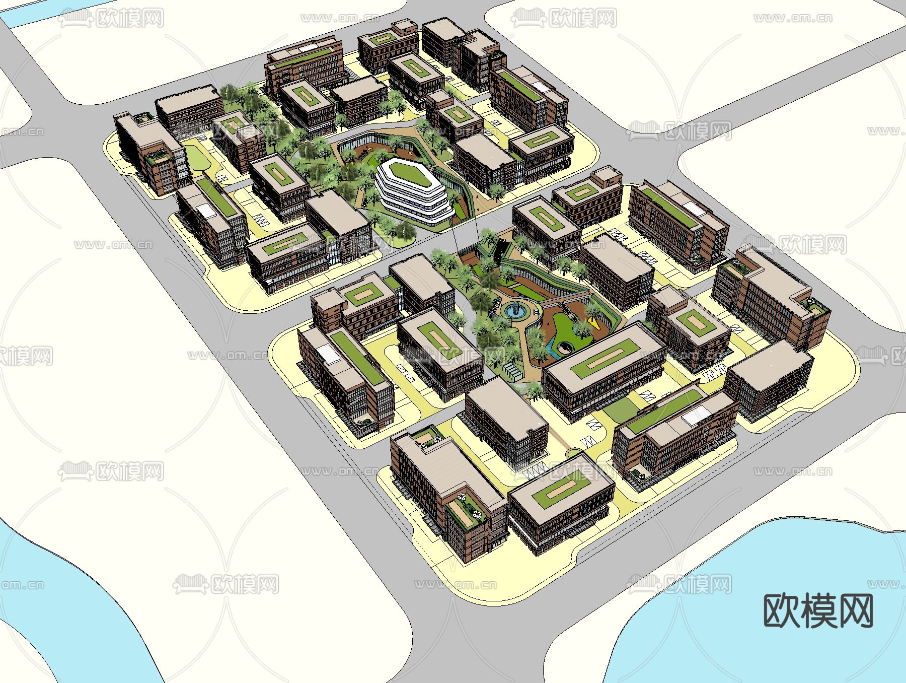 现代办公产业园鸟瞰su模型下载（渲染图3）