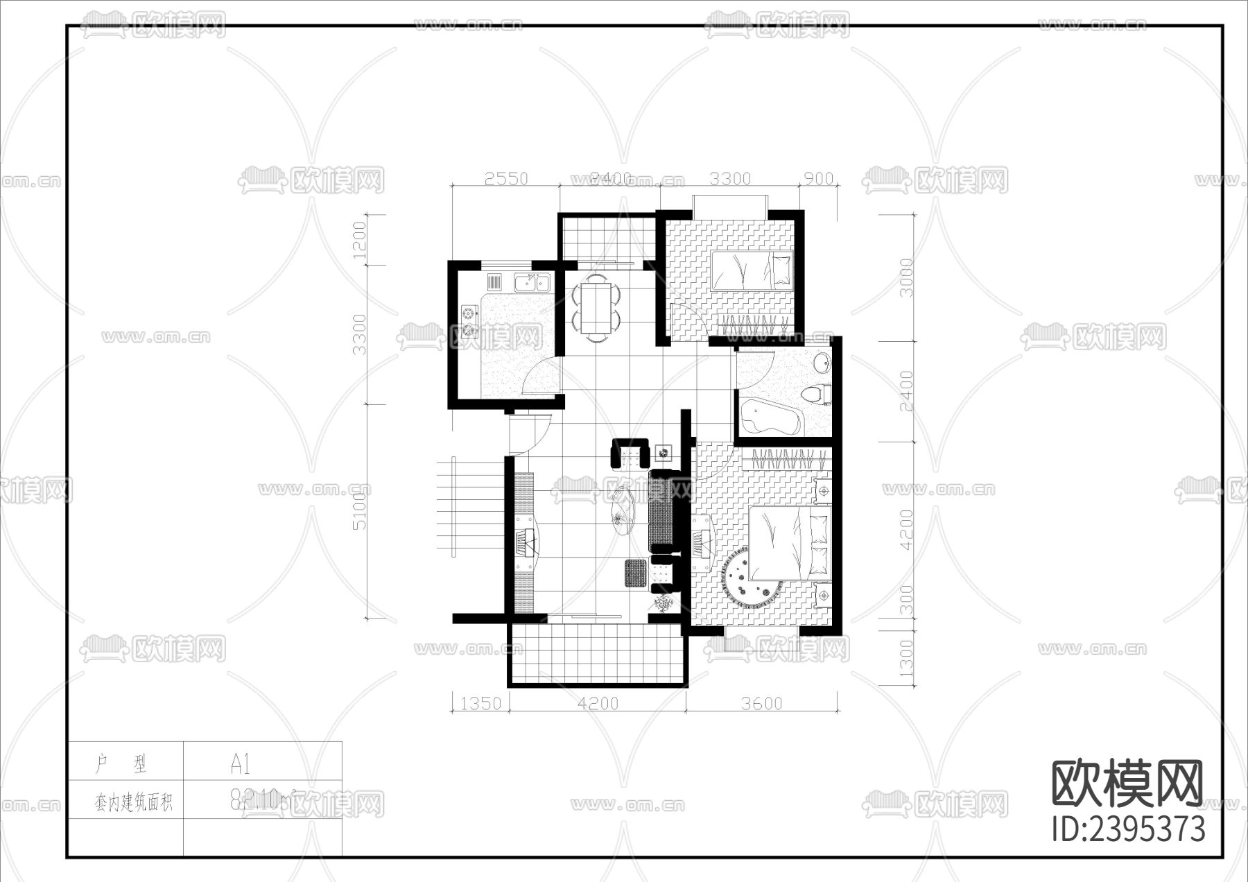 经典户型建筑设计cad施工图下载（渲染图2）