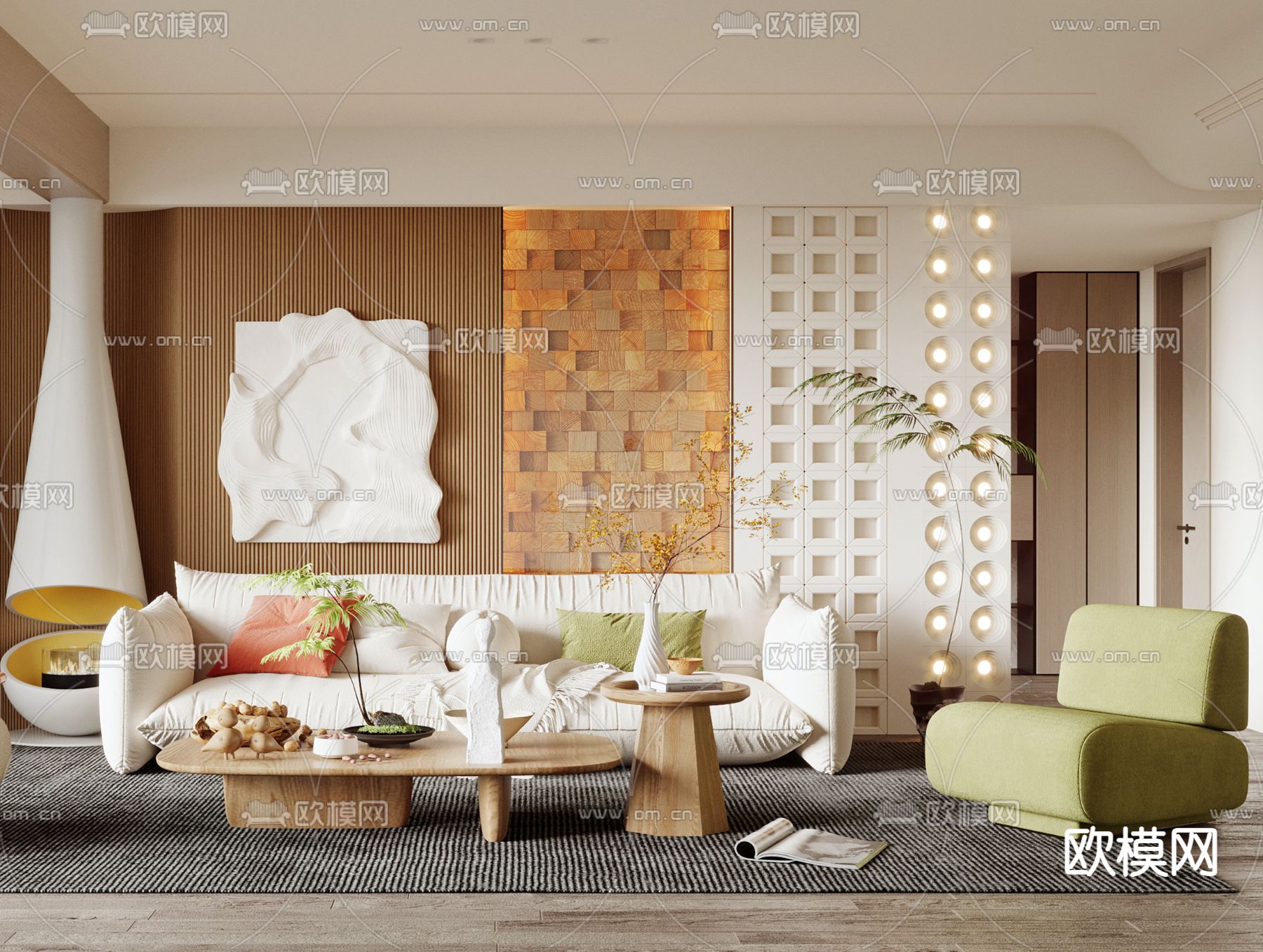 奶油风客厅3d模型下载（渲染图3）