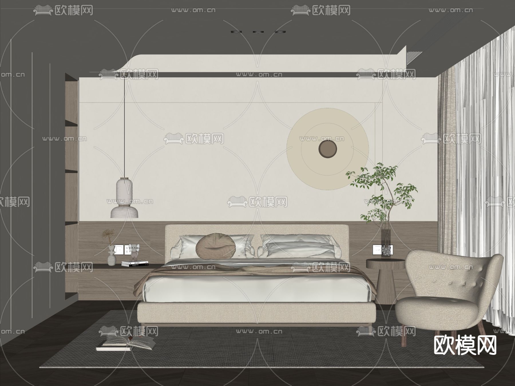 侘寂风卧室 主人房su模型下载（渲染图2）