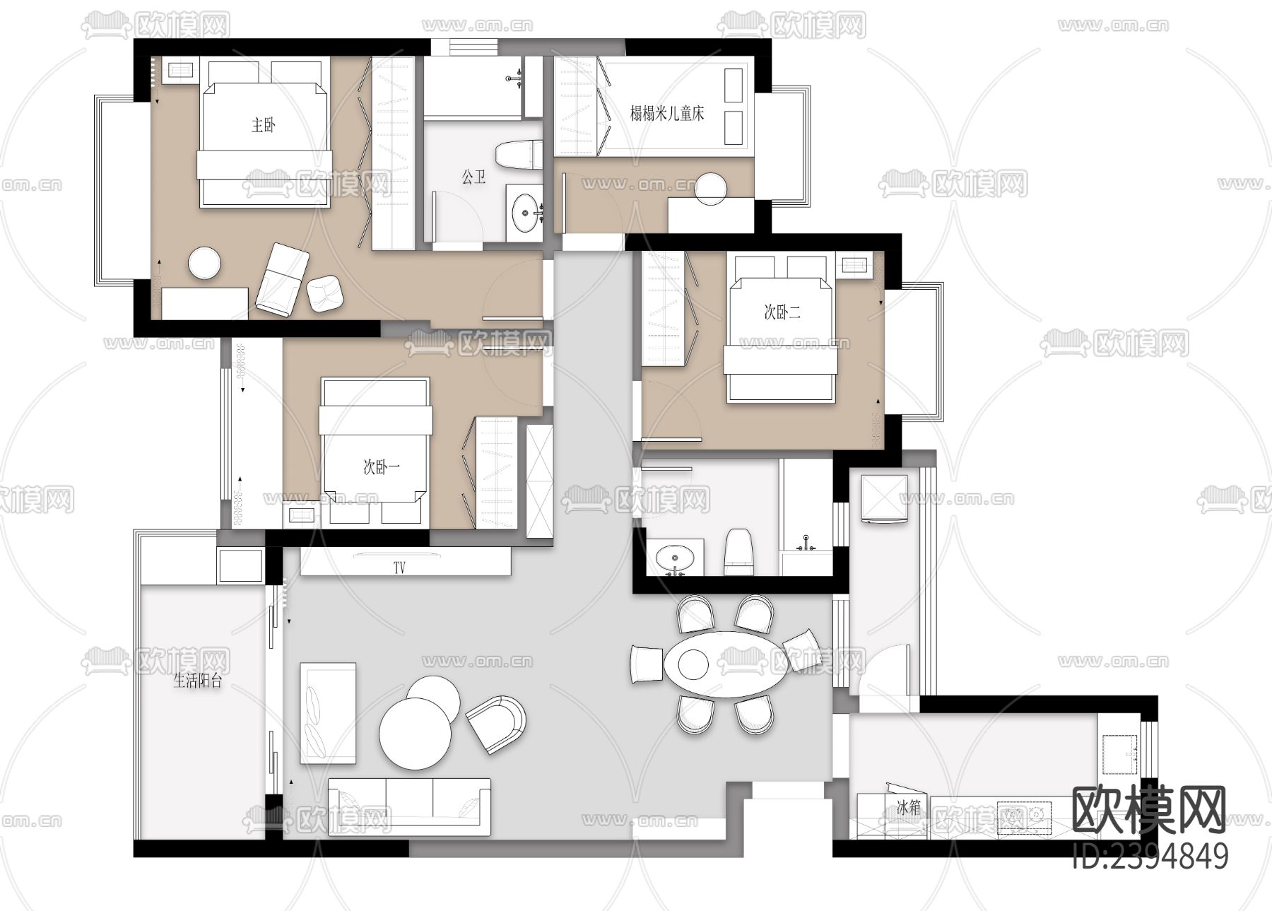 家装户型平面设计cad施工图下载（渲染图1）
