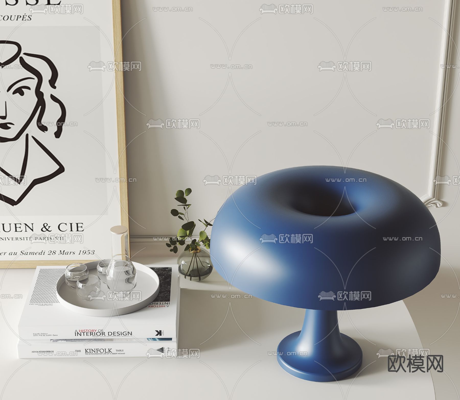 蓝色蘑菇台灯su模型下载（渲染图1）