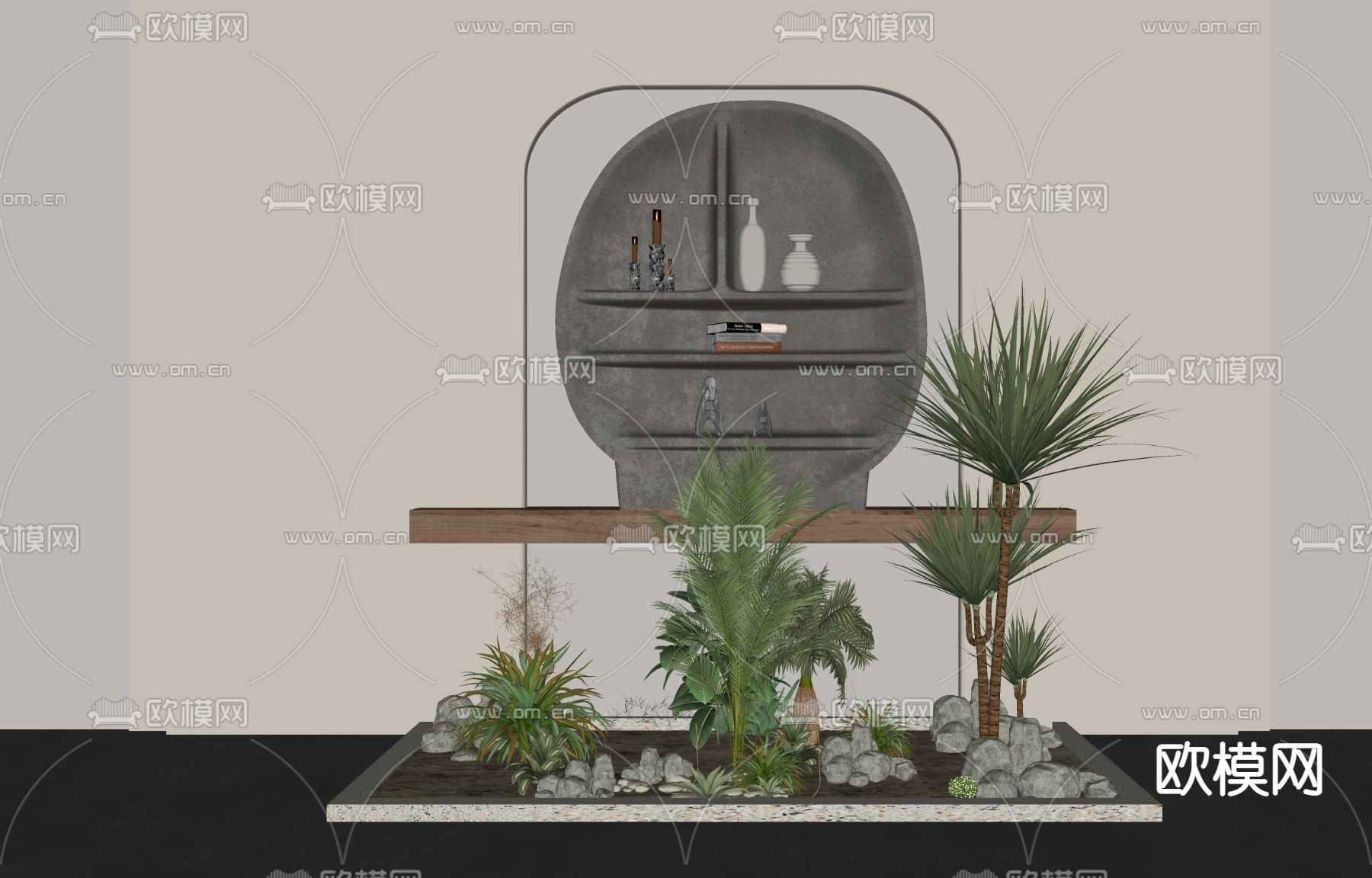 侘寂风绿植池 景观小品su模型下载（渲染图2）