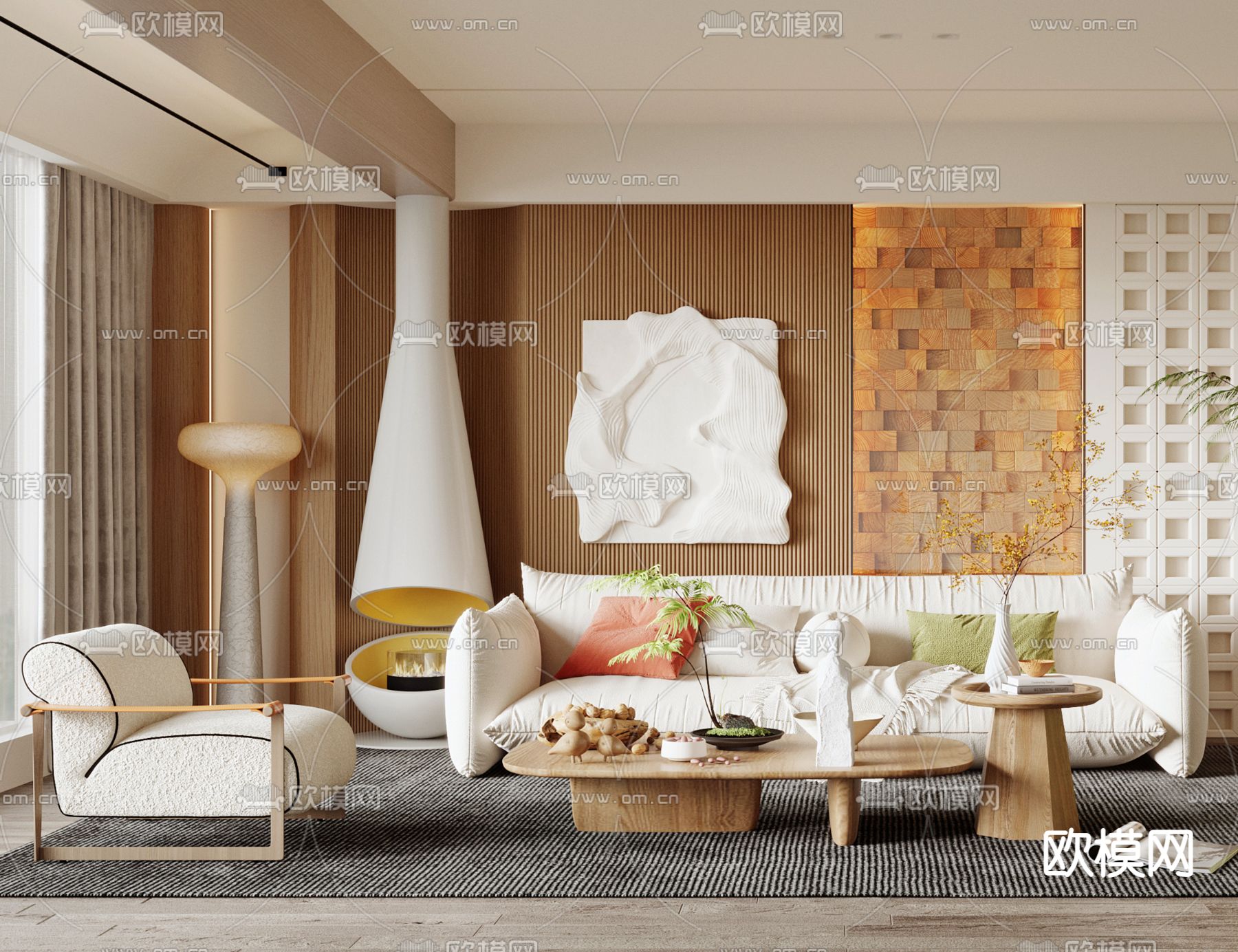 奶油风客厅3d模型下载（渲染图2）