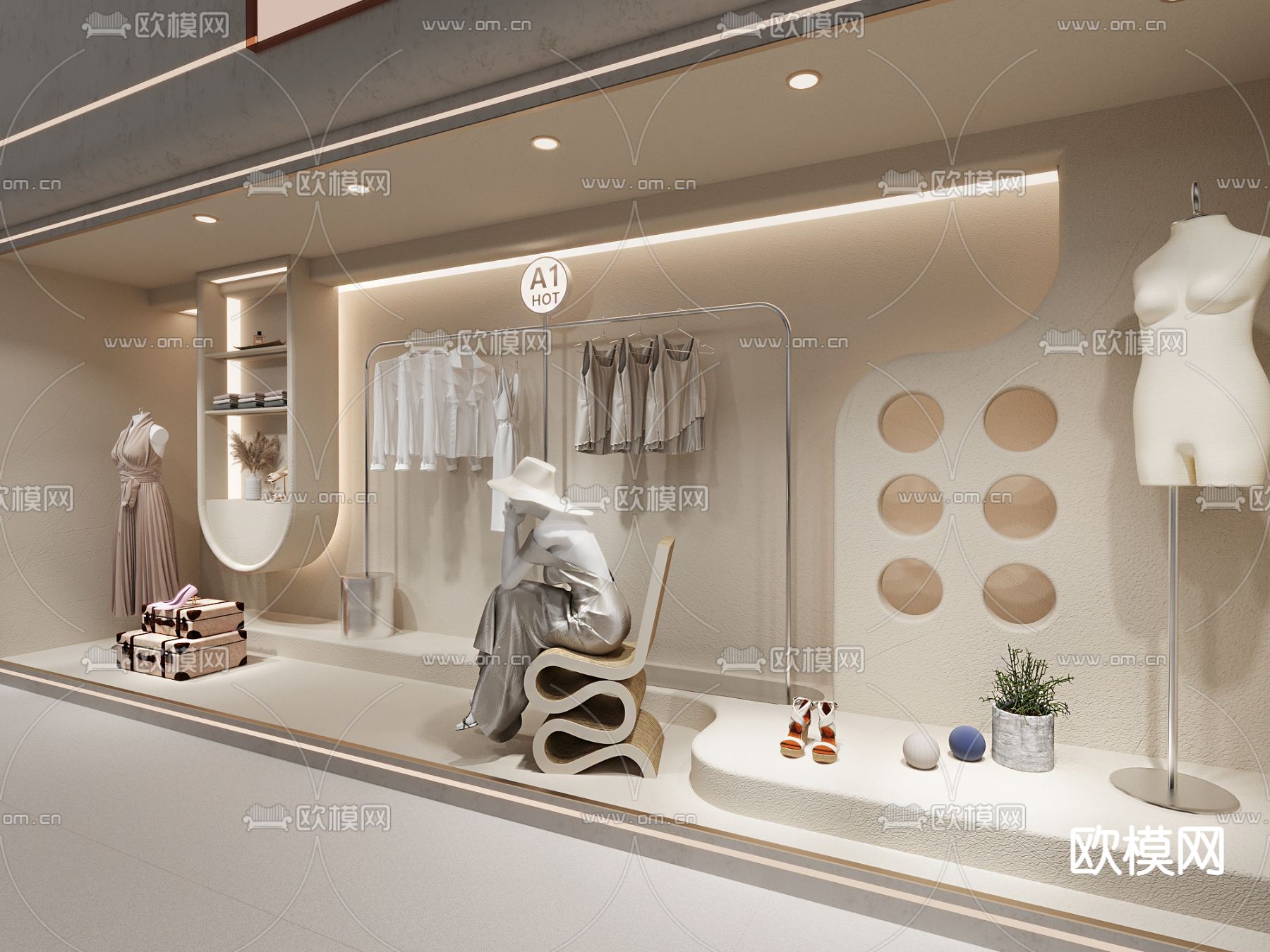 侘寂风女装店橱窗su模型下载（渲染图2）