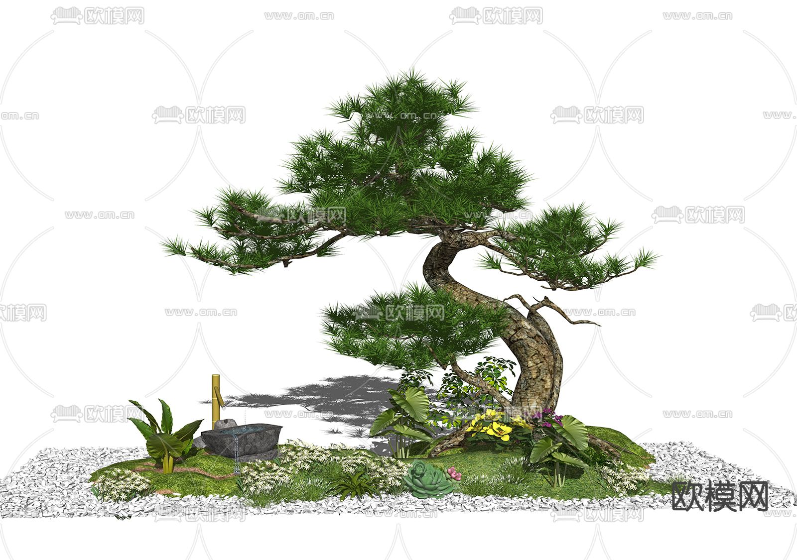 新中式枯山水 松树小品su模型下载_ID12220111_sketchup模型下载-欧模网