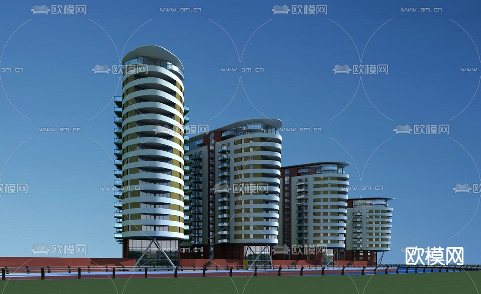 现代住宅楼建筑外观免费3d模型下载(渲染图1)