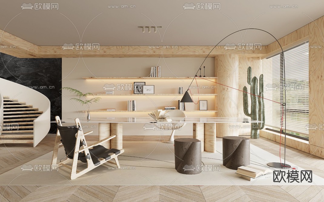 奶油风书房3d模型下载_ID12220724_3dmax免费模型-欧模网