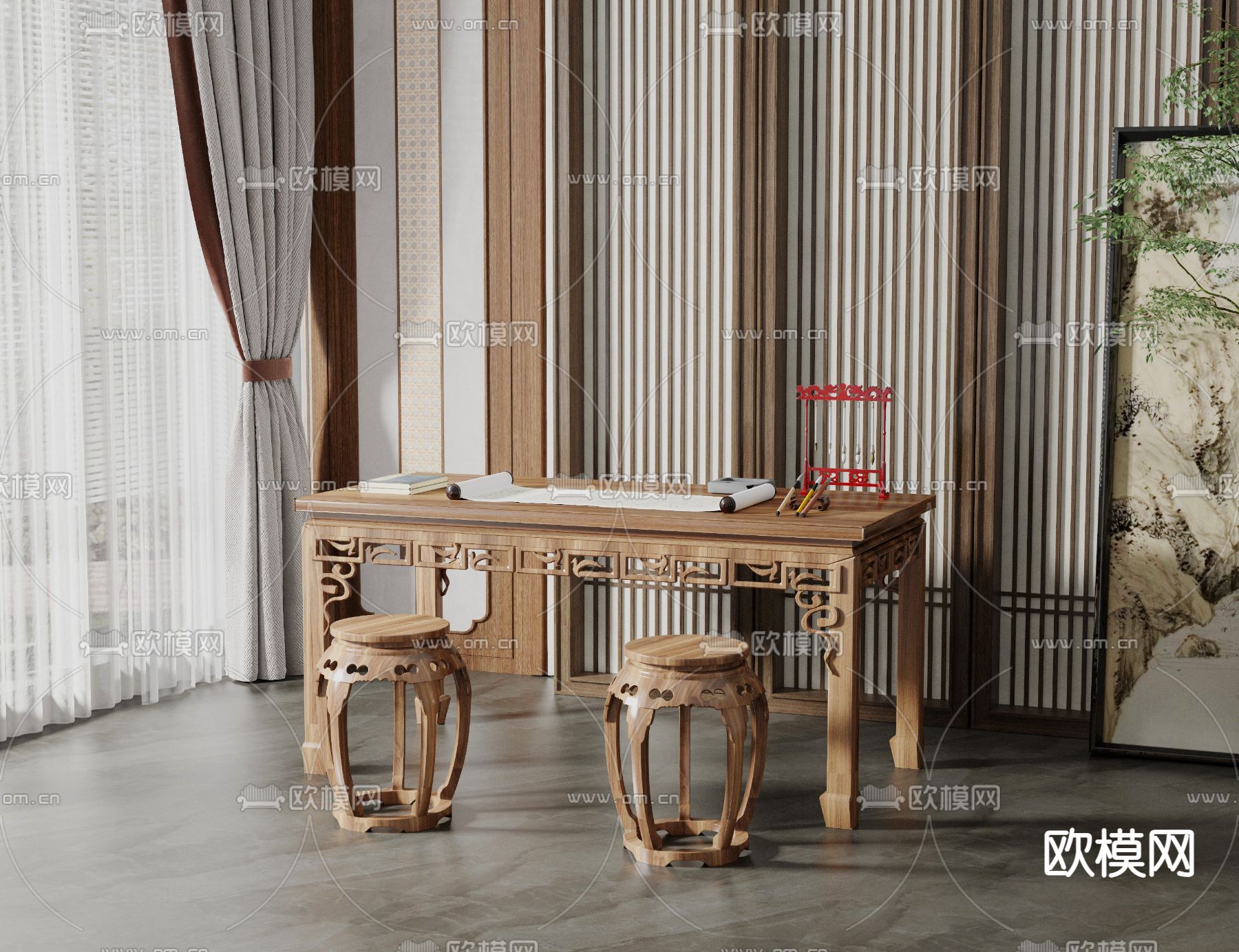 中式书法桌椅3d模型下载