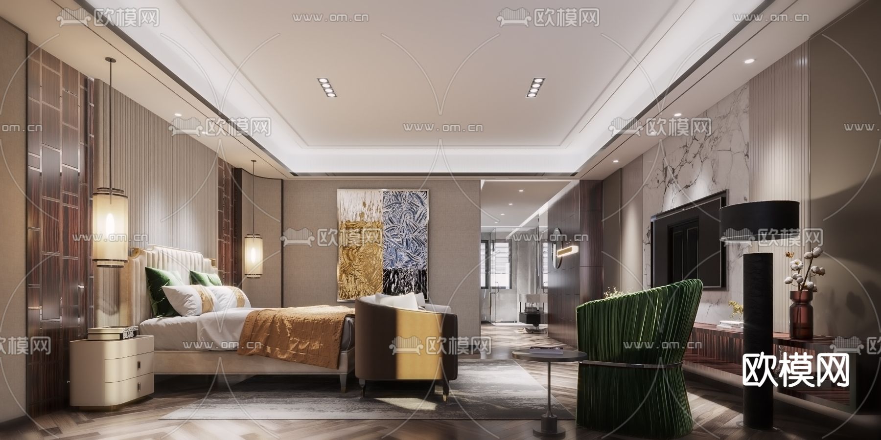 轻奢酒店客房 大床房su模型下载