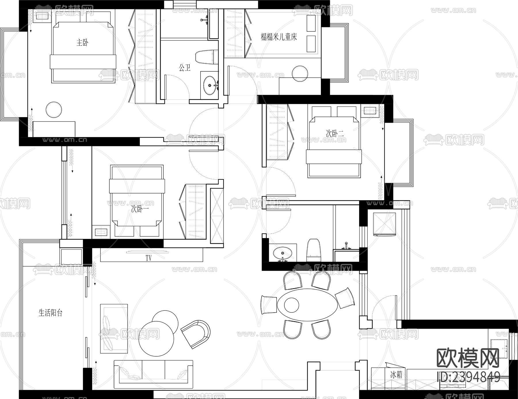 家装户型平面设计cad施工图下载（渲染图2）