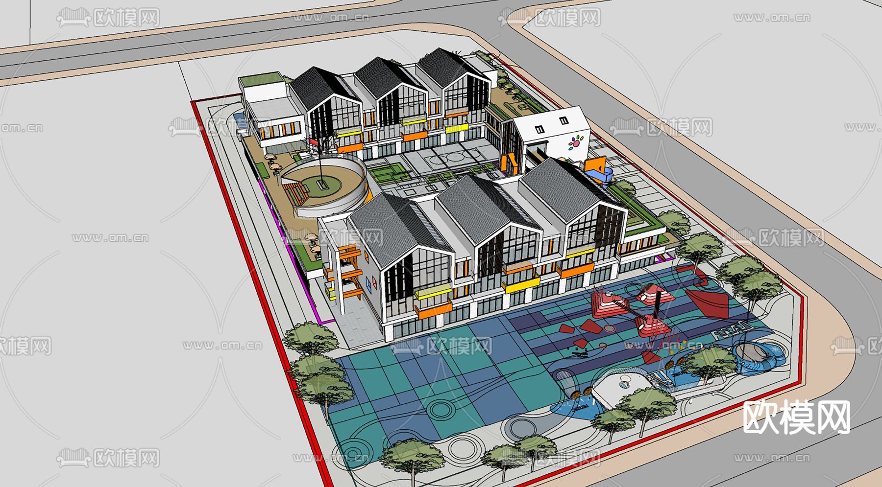 现代幼儿园规划鸟瞰su模型下载