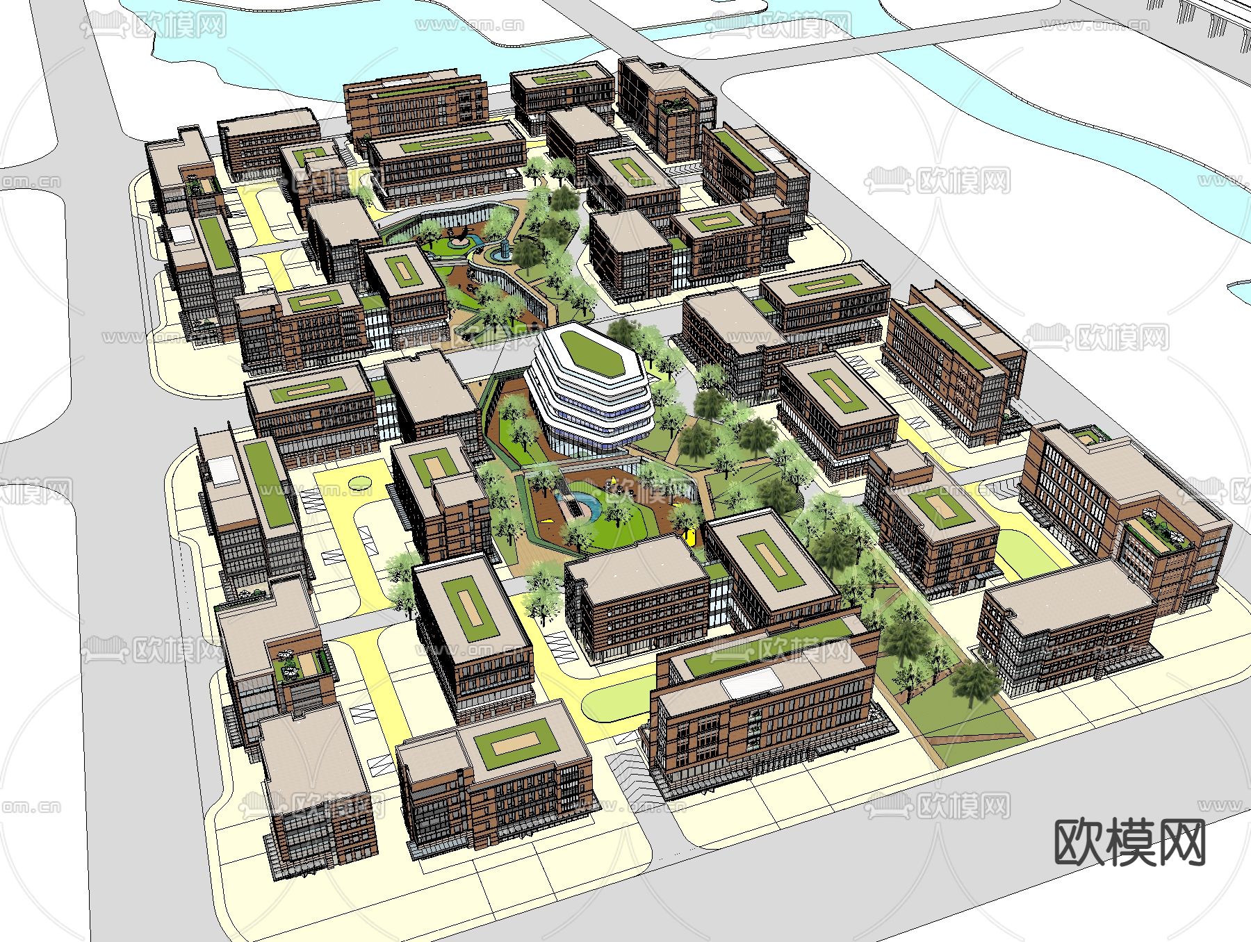 现代办公产业园鸟瞰su模型下载（渲染图1）