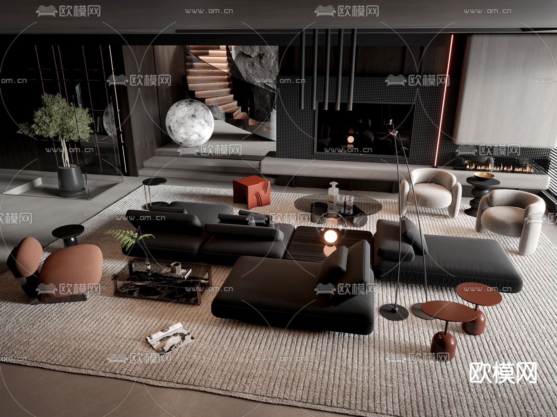 暗黑风沙发茶几组合su模型下载（渲染图1）