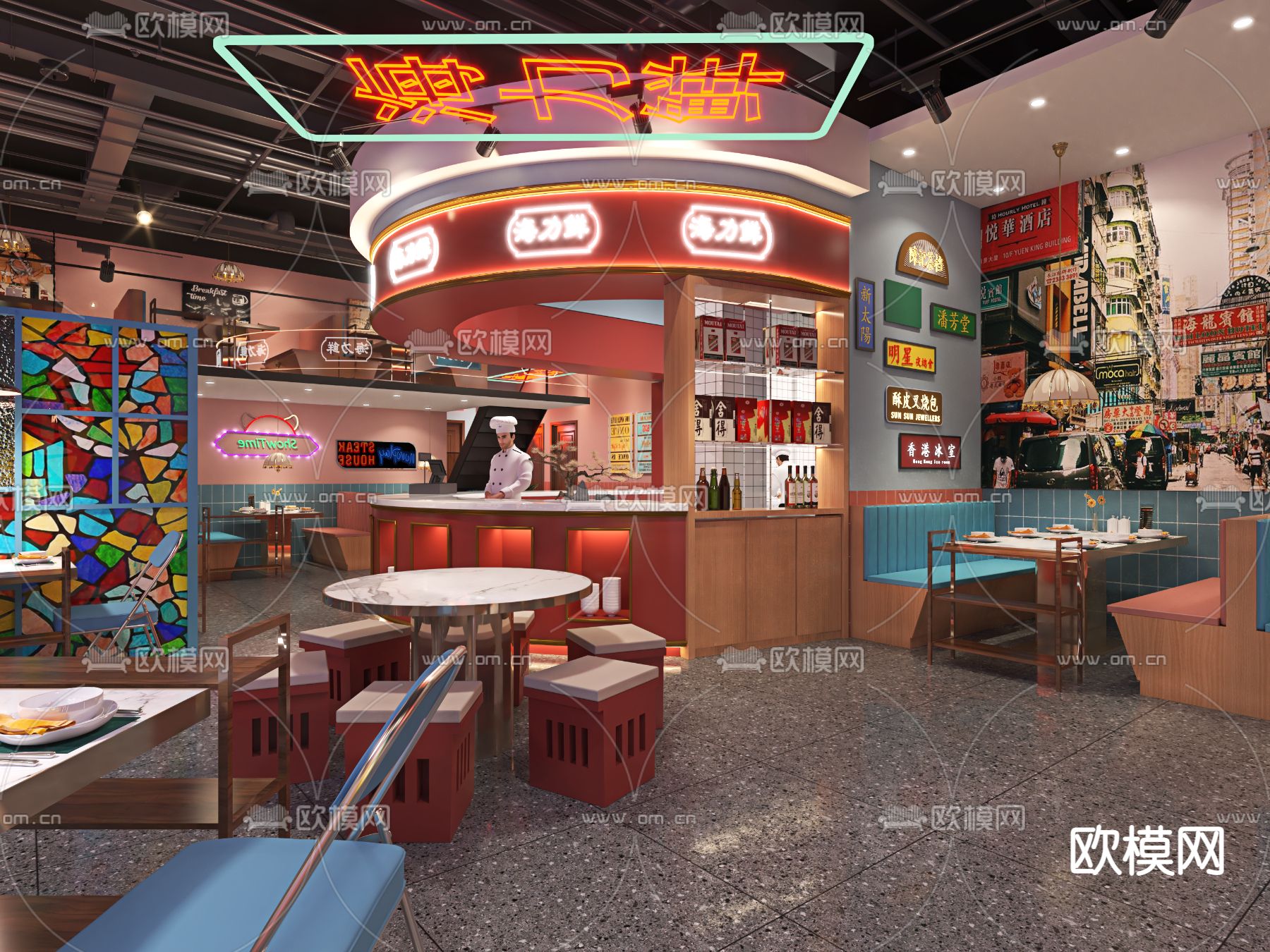 民国风港式火锅店3d模型下载（渲染图2）