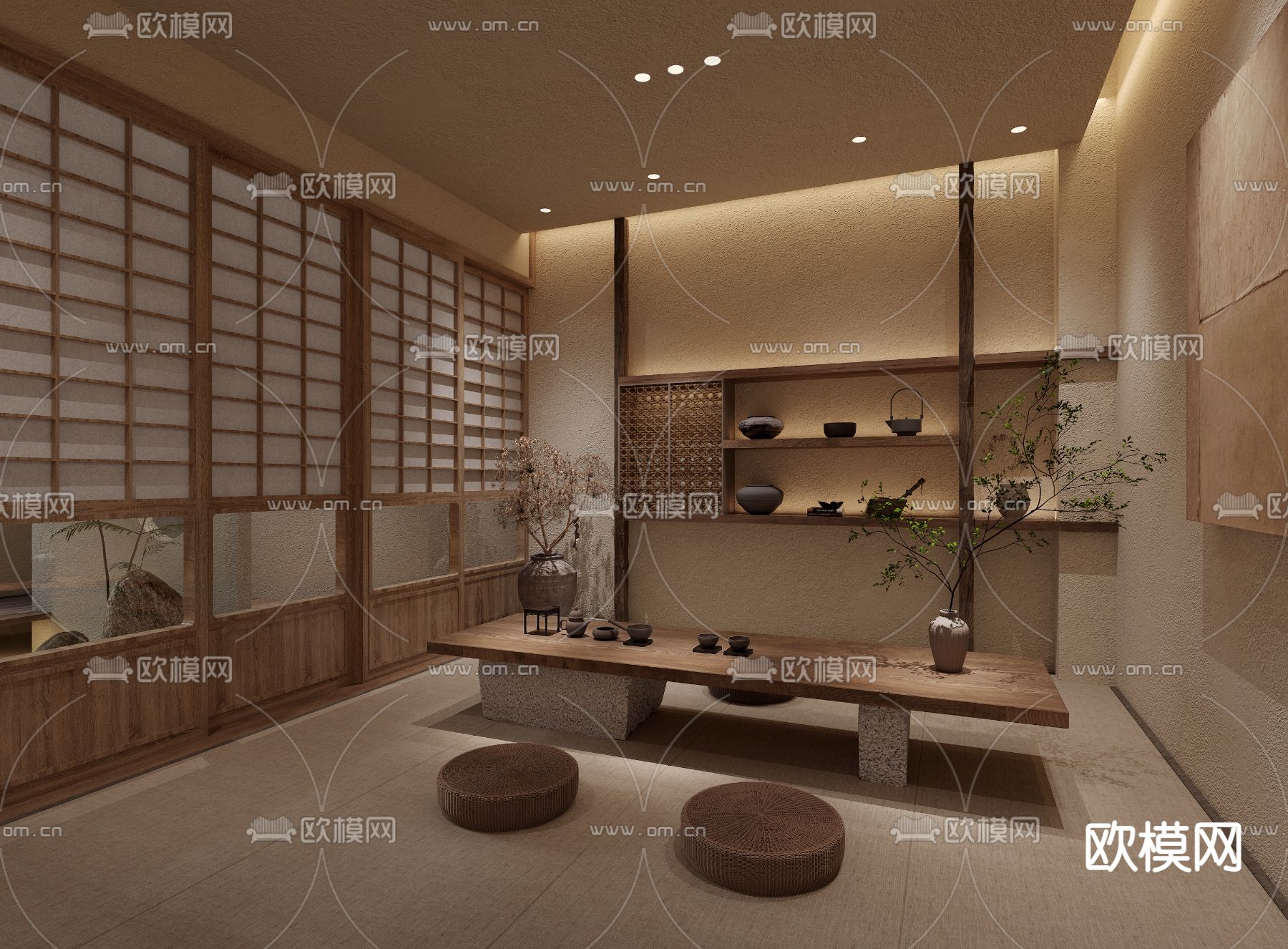 侘寂风茶楼 茶室3d模型下载（渲染图2）
