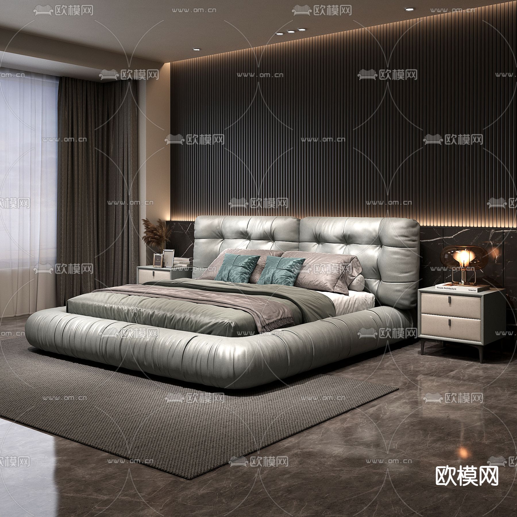 高级灰双人床3d模型下载