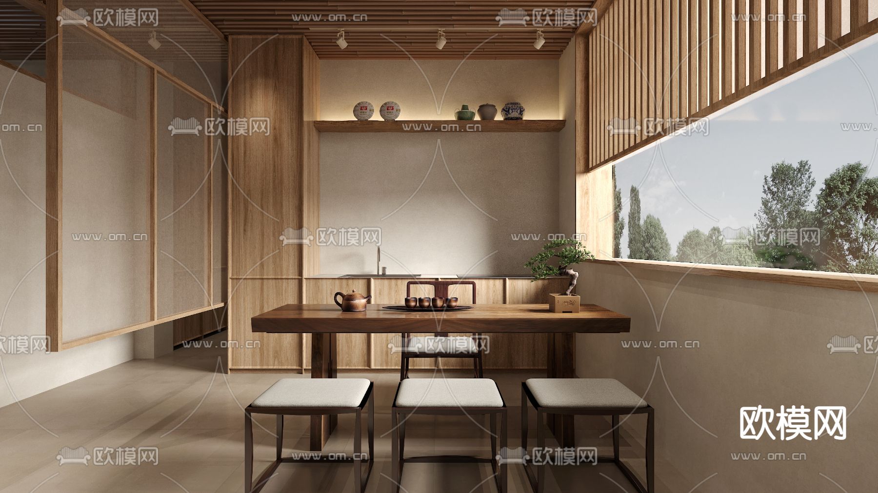 侘寂风茶楼 茶室3d模型下载（渲染图1）