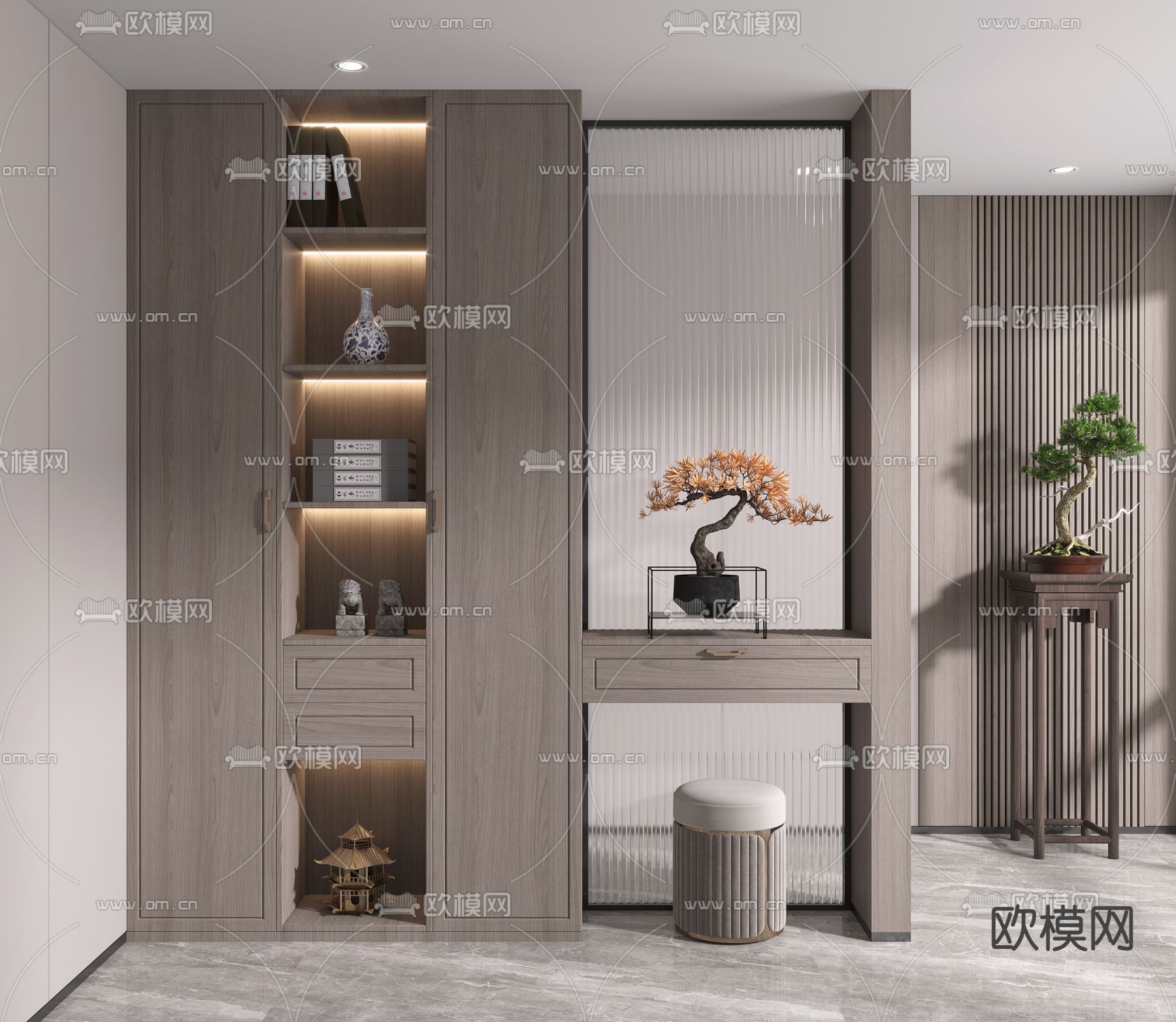 新中式玄关 鞋柜3d模型下载_ID12224602_3dmax免费模型-欧模网