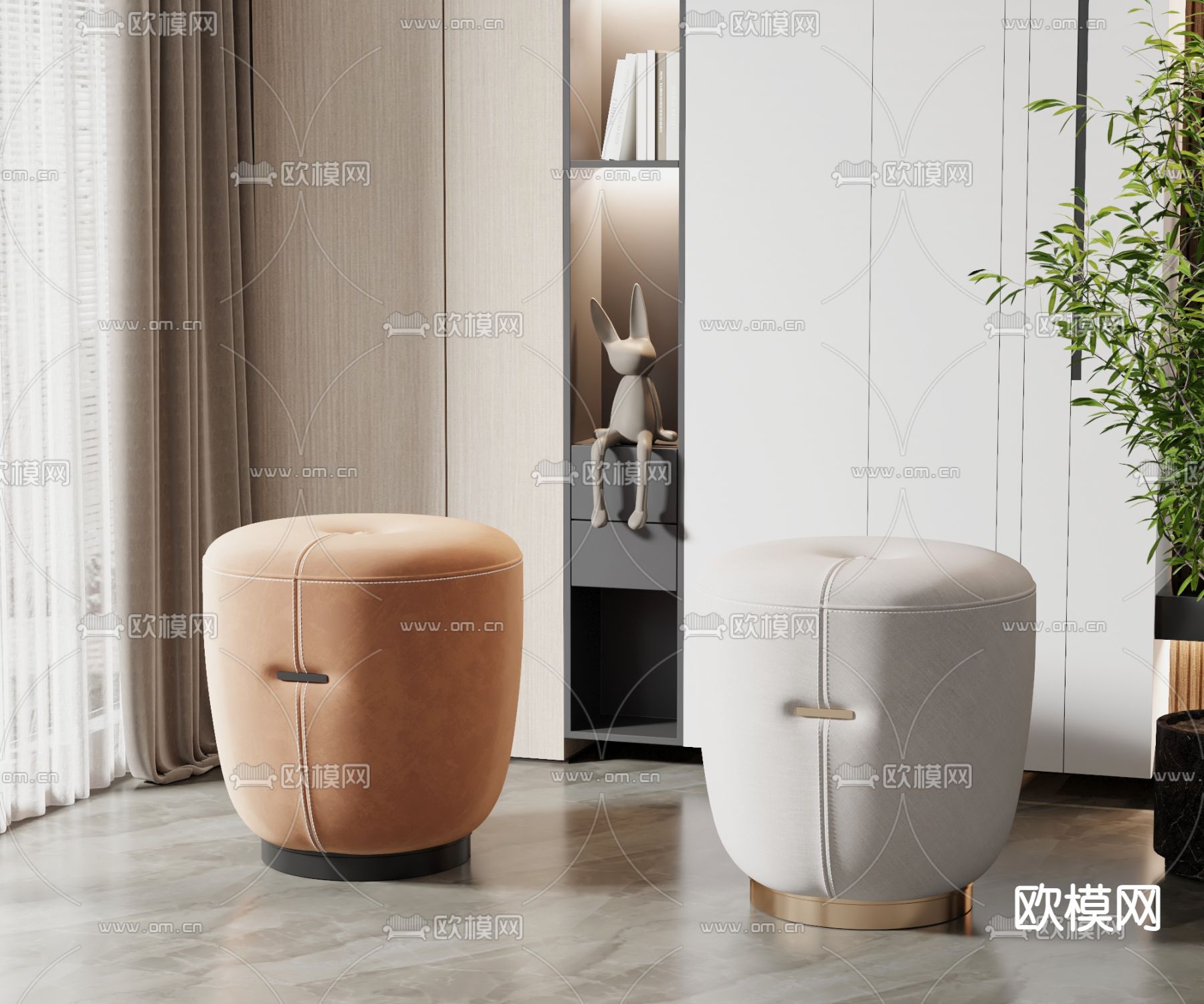 轻奢沙发凳 圆凳子 矮凳3d模型下载