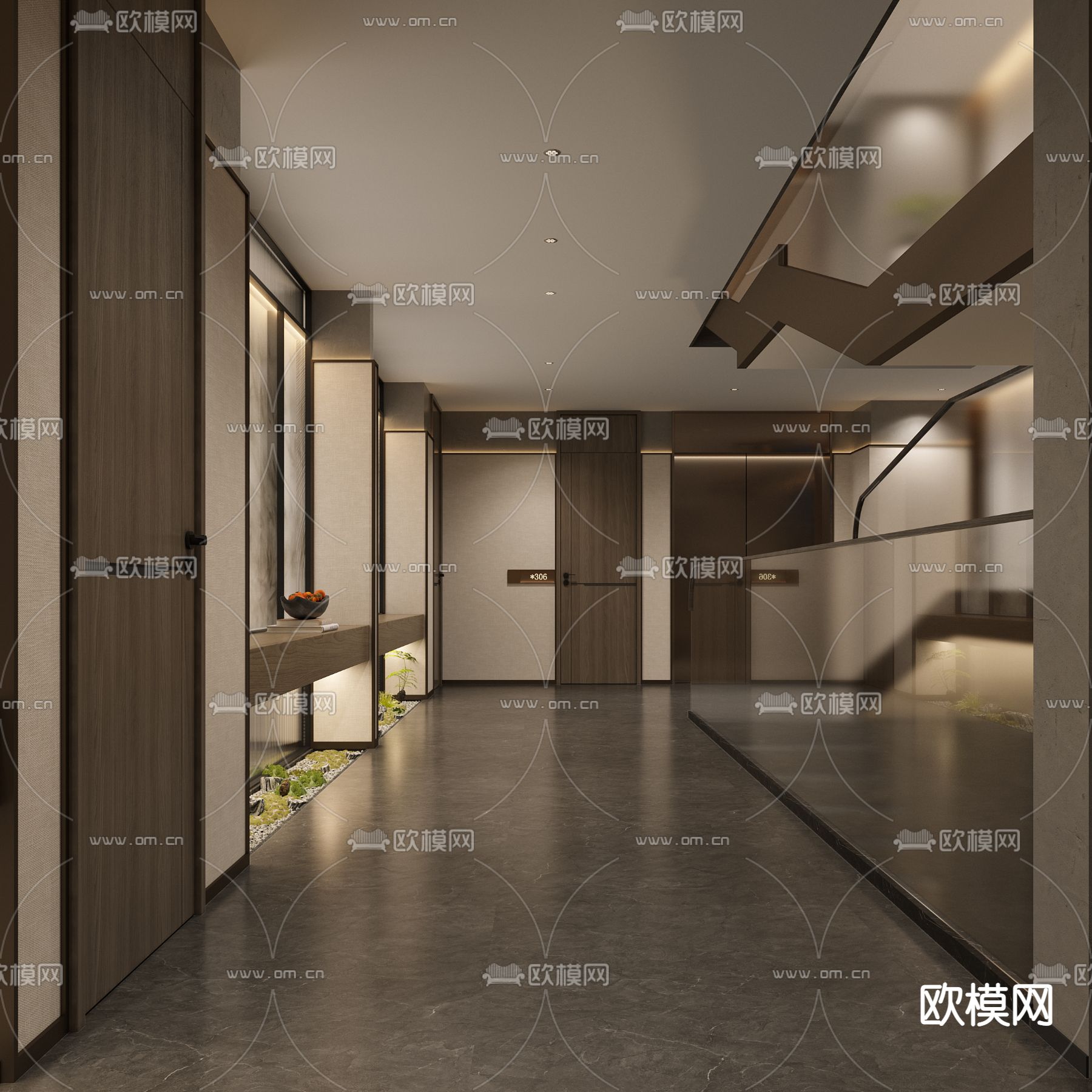 新中式酒店餐厅走廊过道3d模型下载（渲染图1）